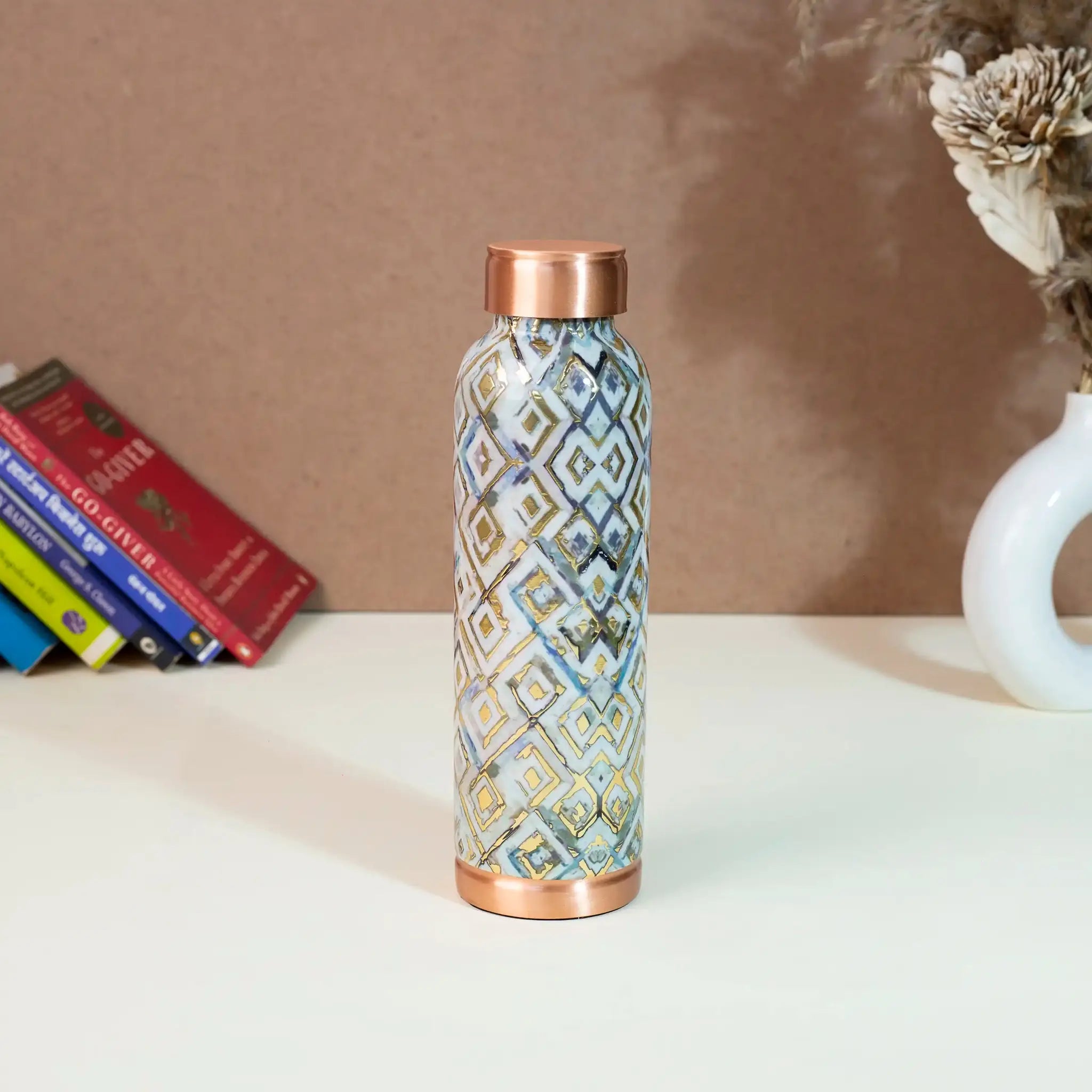 Modern Grey Barfi Geometric Print Copper Bottle, 900 ml
