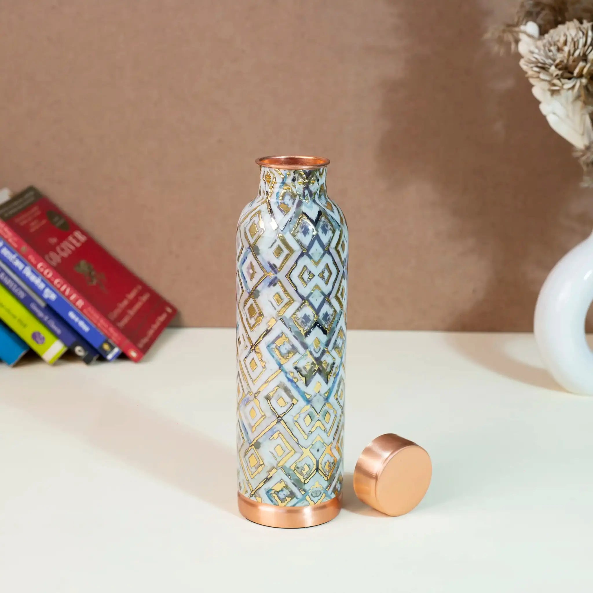 Modern Grey Barfi Geometric Print Copper Bottle, 900 ml