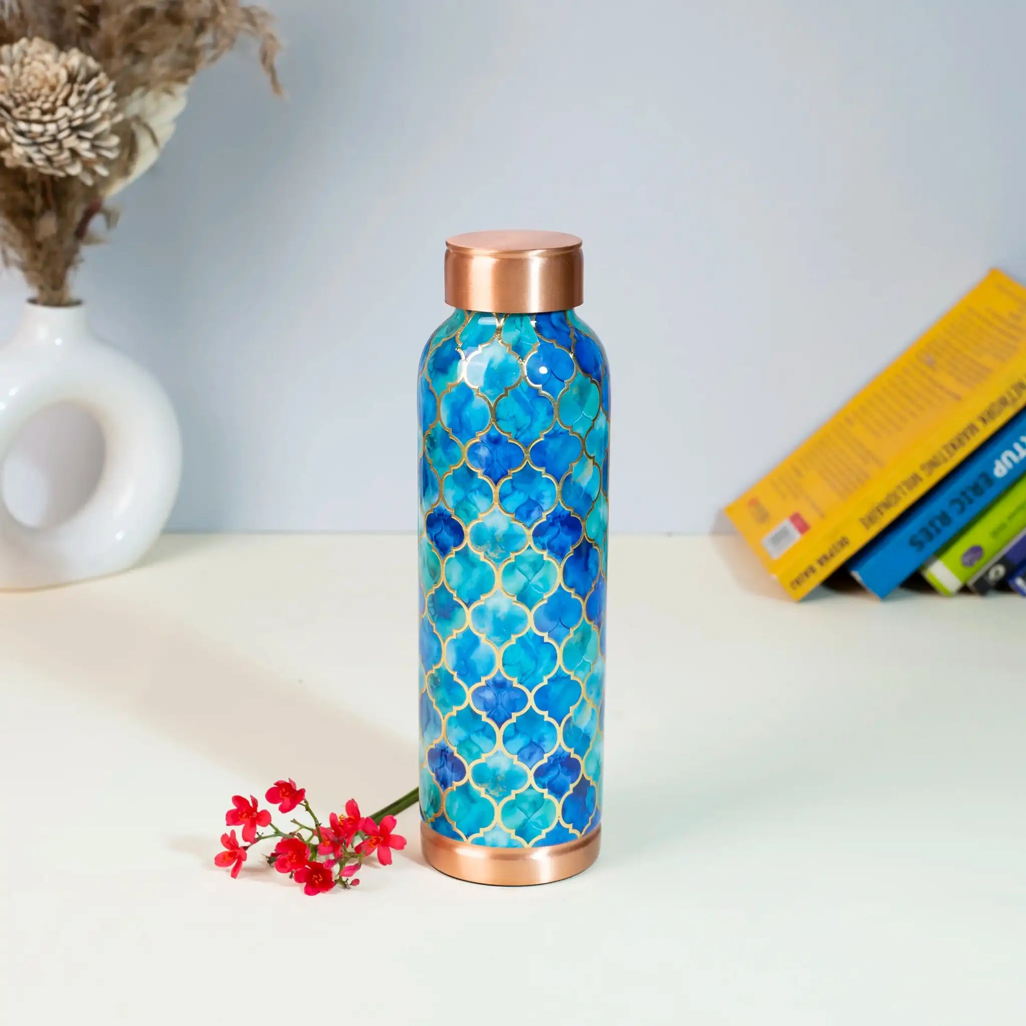 Oceanic Blue Moroccan Print Copper Bottle, 900 ml