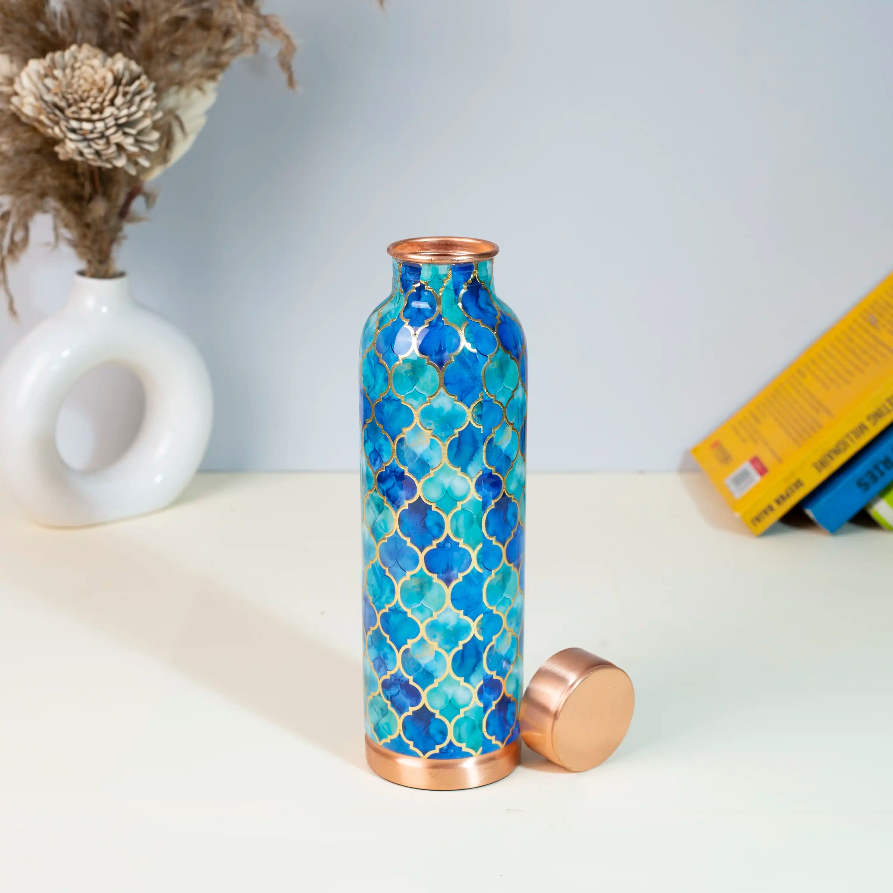 Oceanic Blue Moroccan Print Copper Bottle, 900 ml