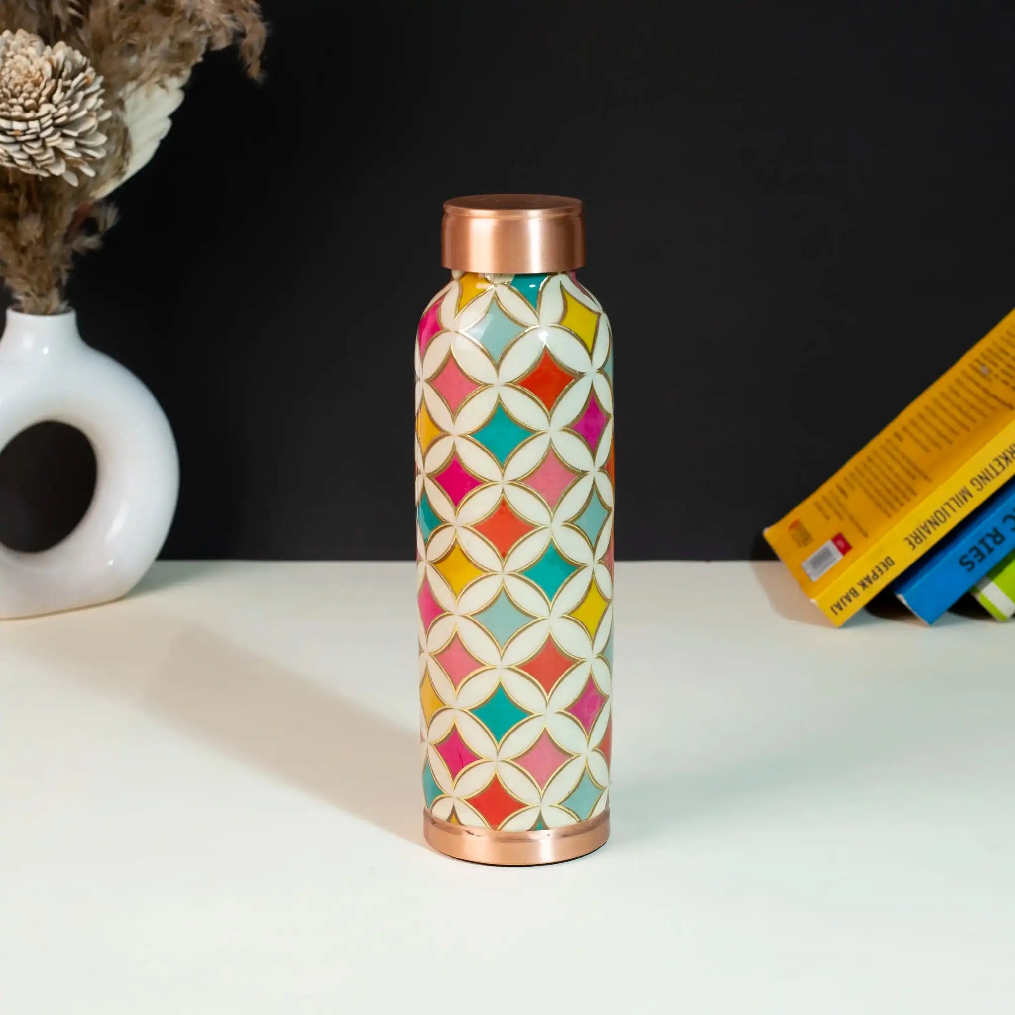 Vibrant Geometric Floral Copper Bottle, 900 ml