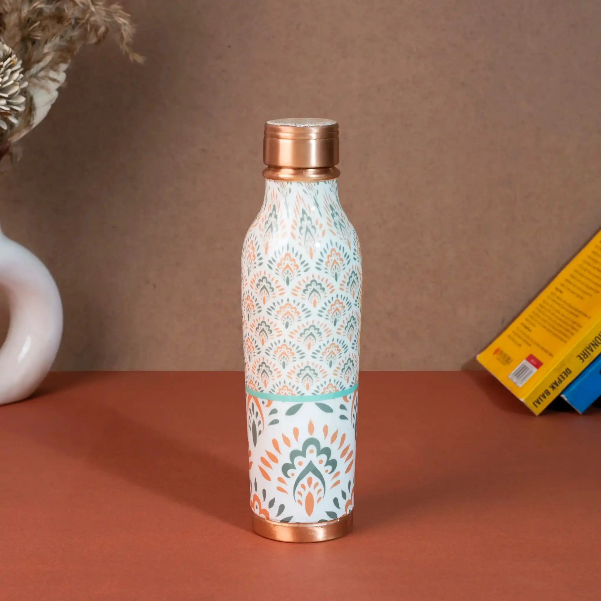 Traditional Green & Orange Floral Copper Bottle, 900 ml