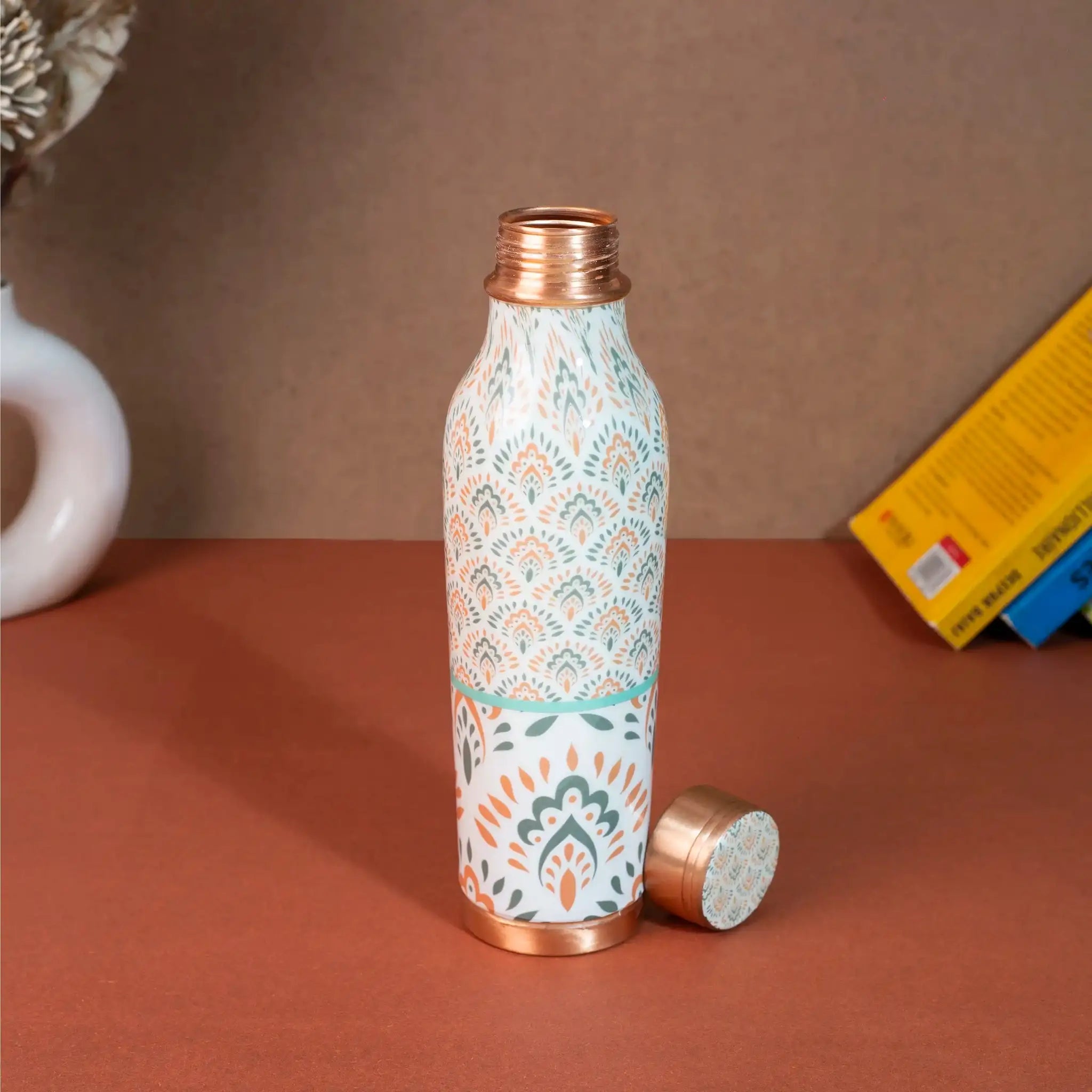 Traditional Green & Orange Floral Copper Bottle, 900 ml
