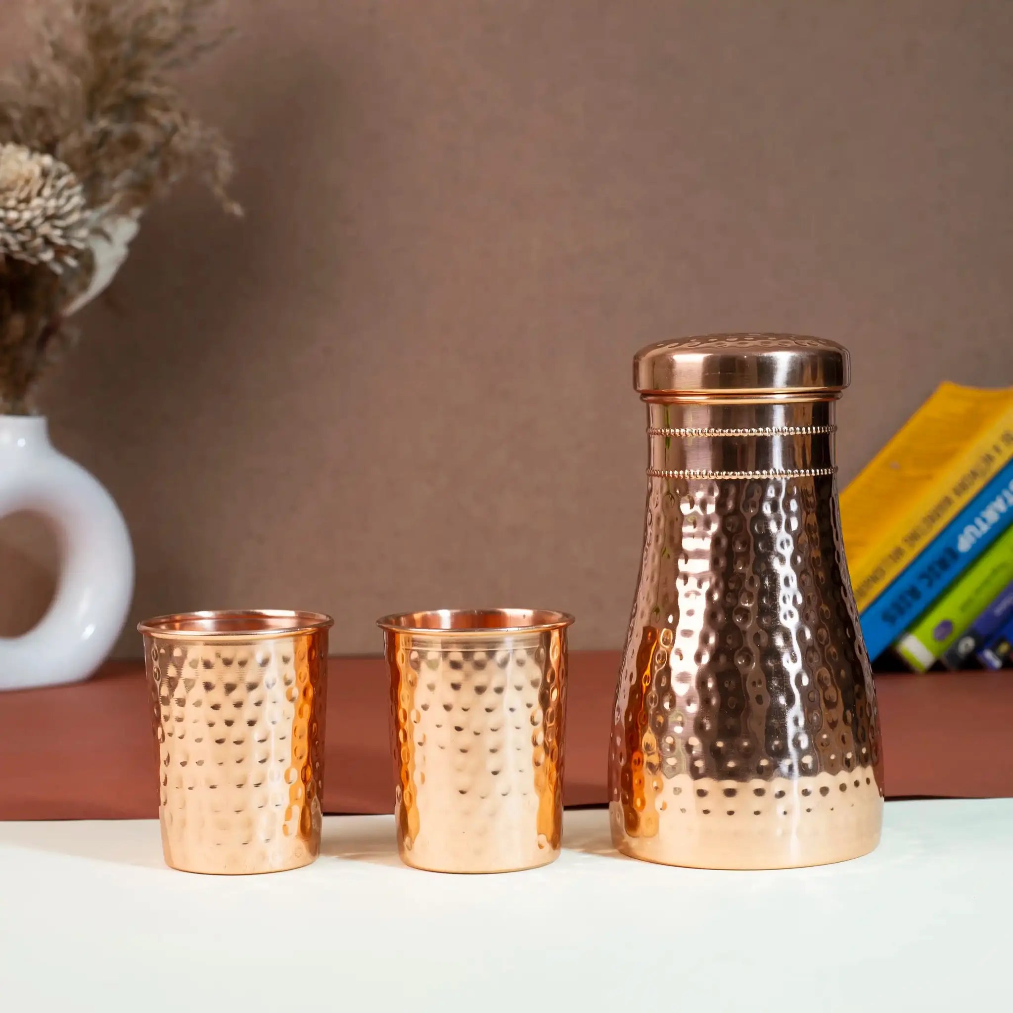 Hammered Copper Bedside Water Carafe Set with 2 Tumblers