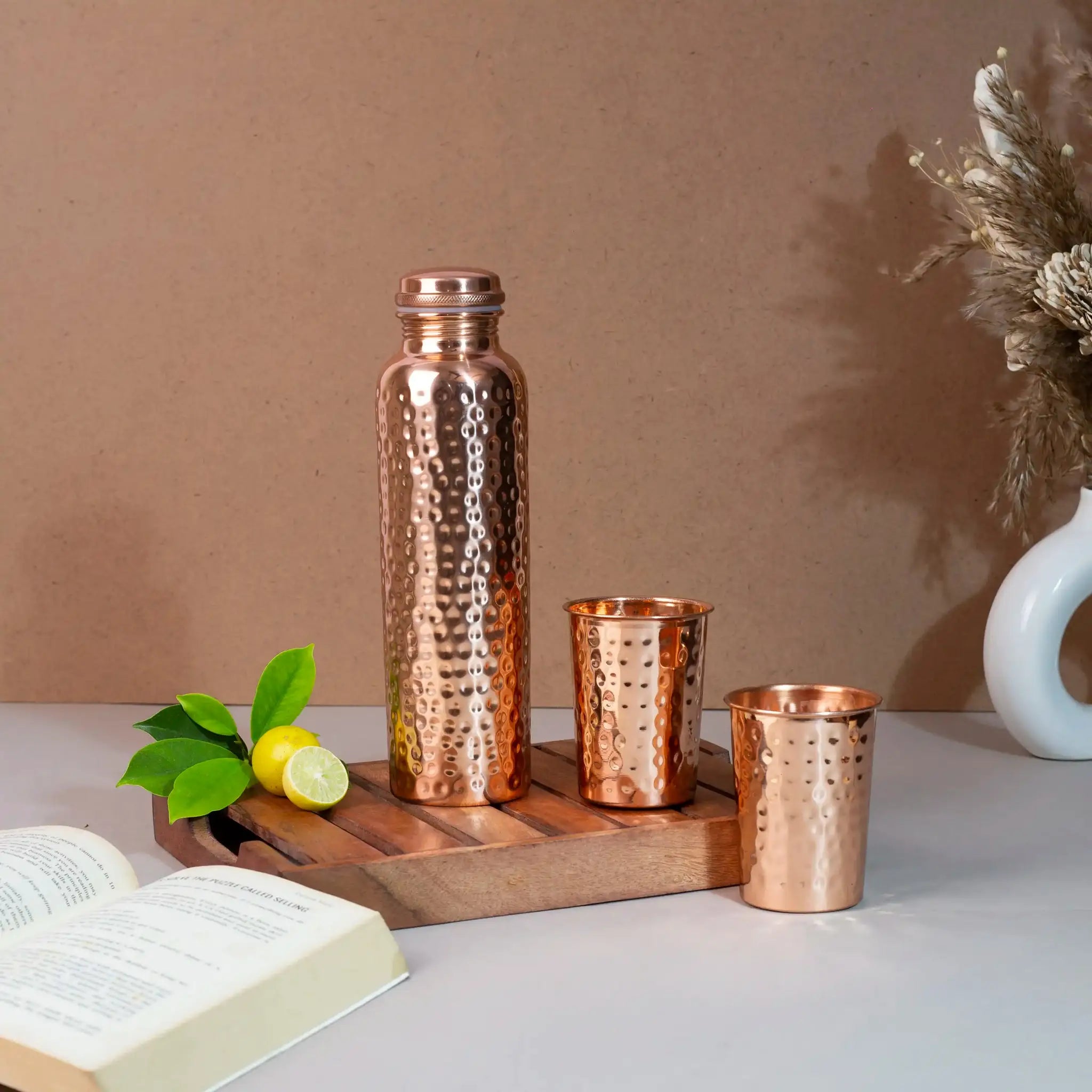 Classic Hammered Copper Bottle & Tumbler Set | For Ayurvedic Hydration