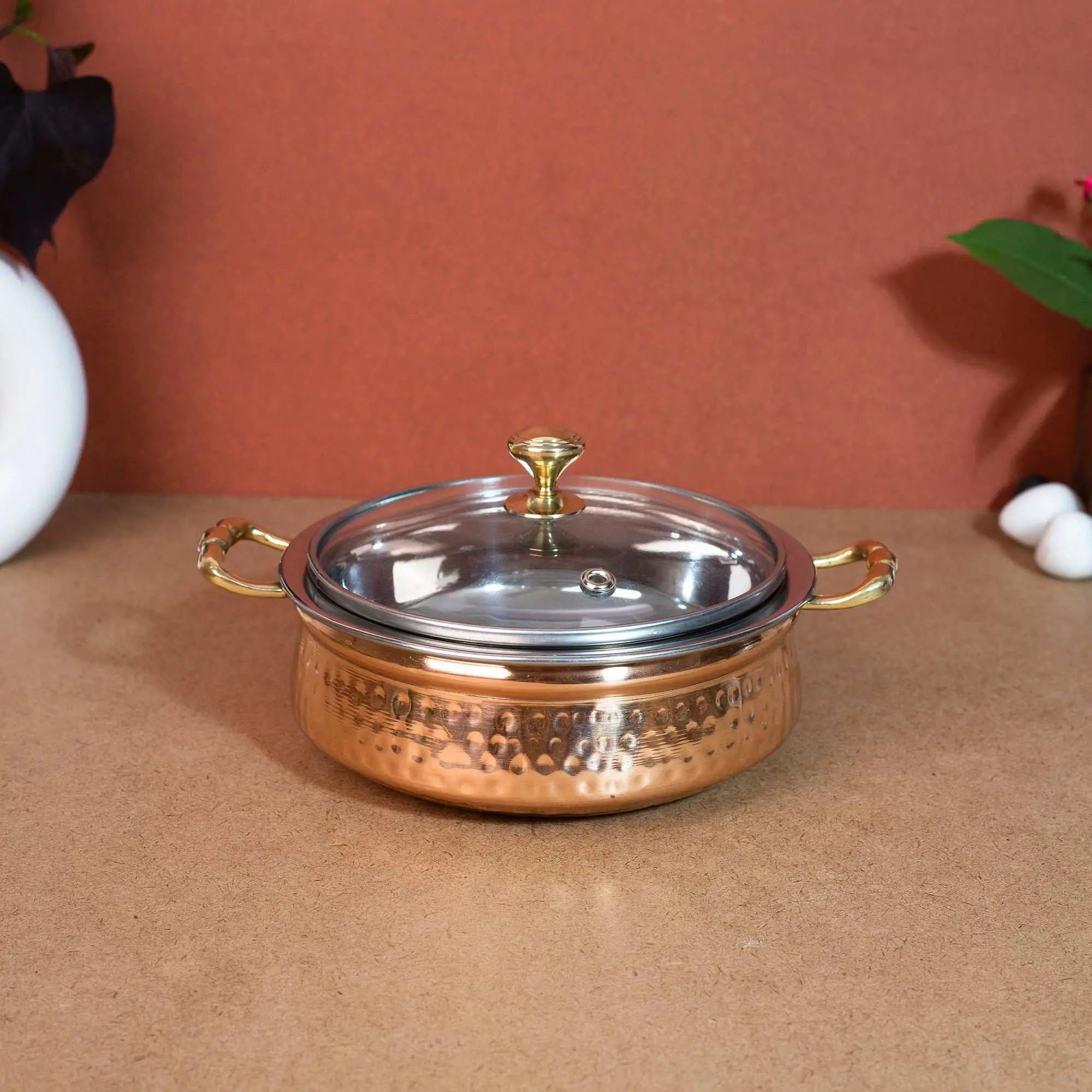 Large Copper & Steel Serving Handi with Glass Lid