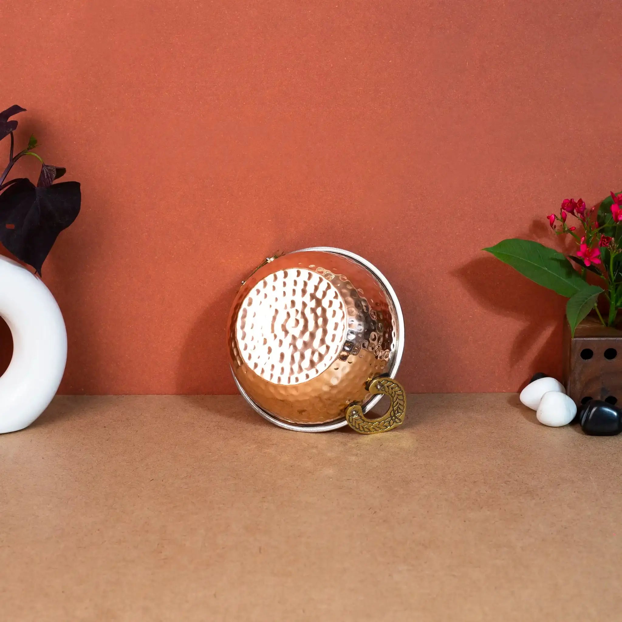 Traditional Copper & Steel Serving Kadai (Indian Wok) with Brass Handles