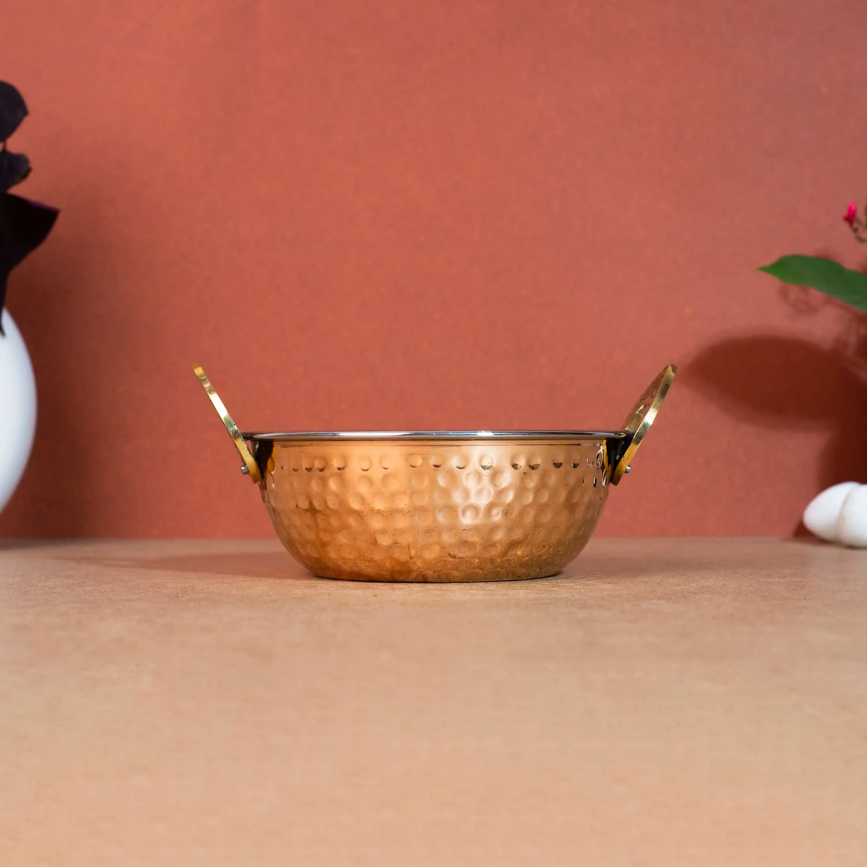 Traditional Copper & Steel Serving Kadai (Indian Wok) with Brass Handles