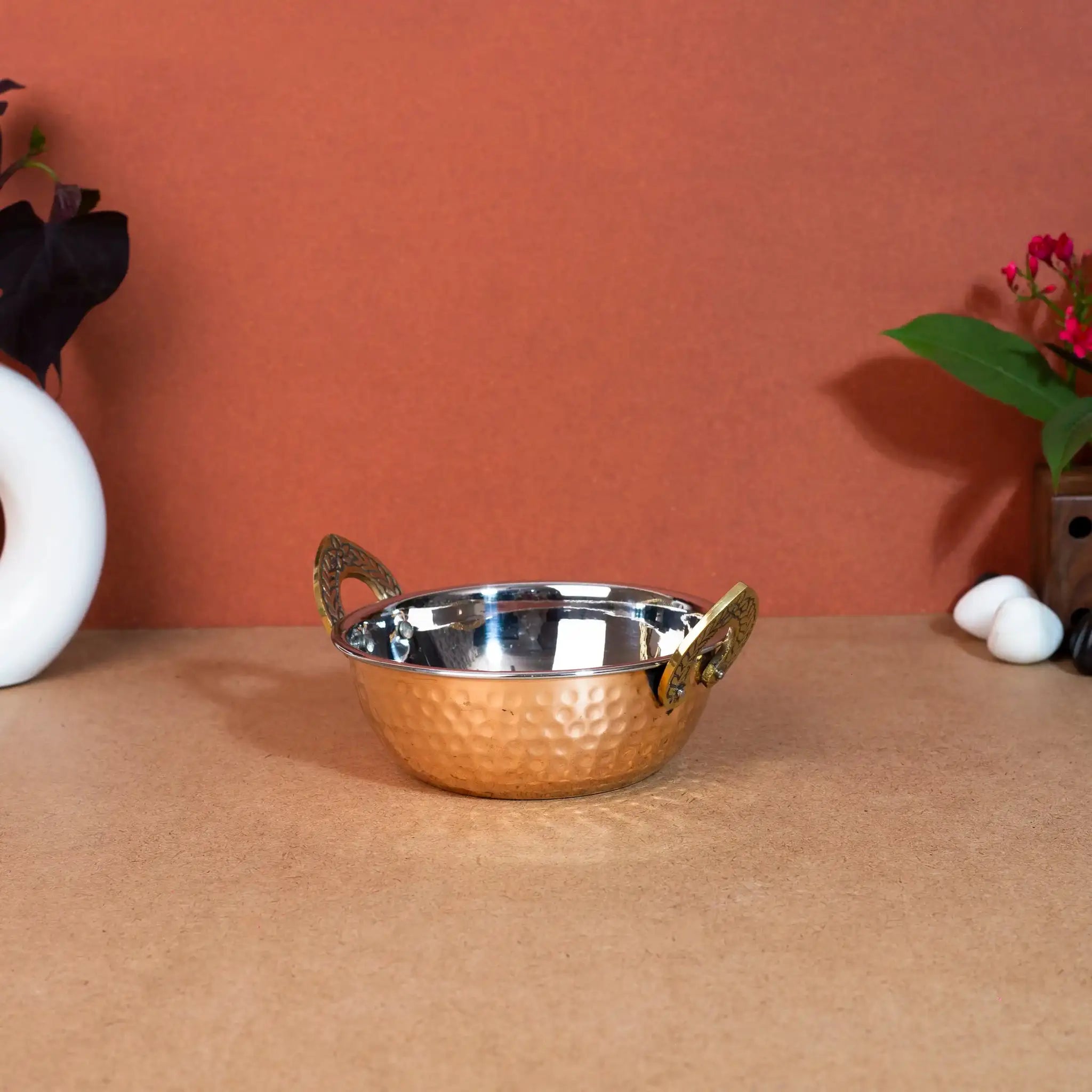 Traditional Copper & Steel Serving Kadai (Indian Wok) with Brass Handles