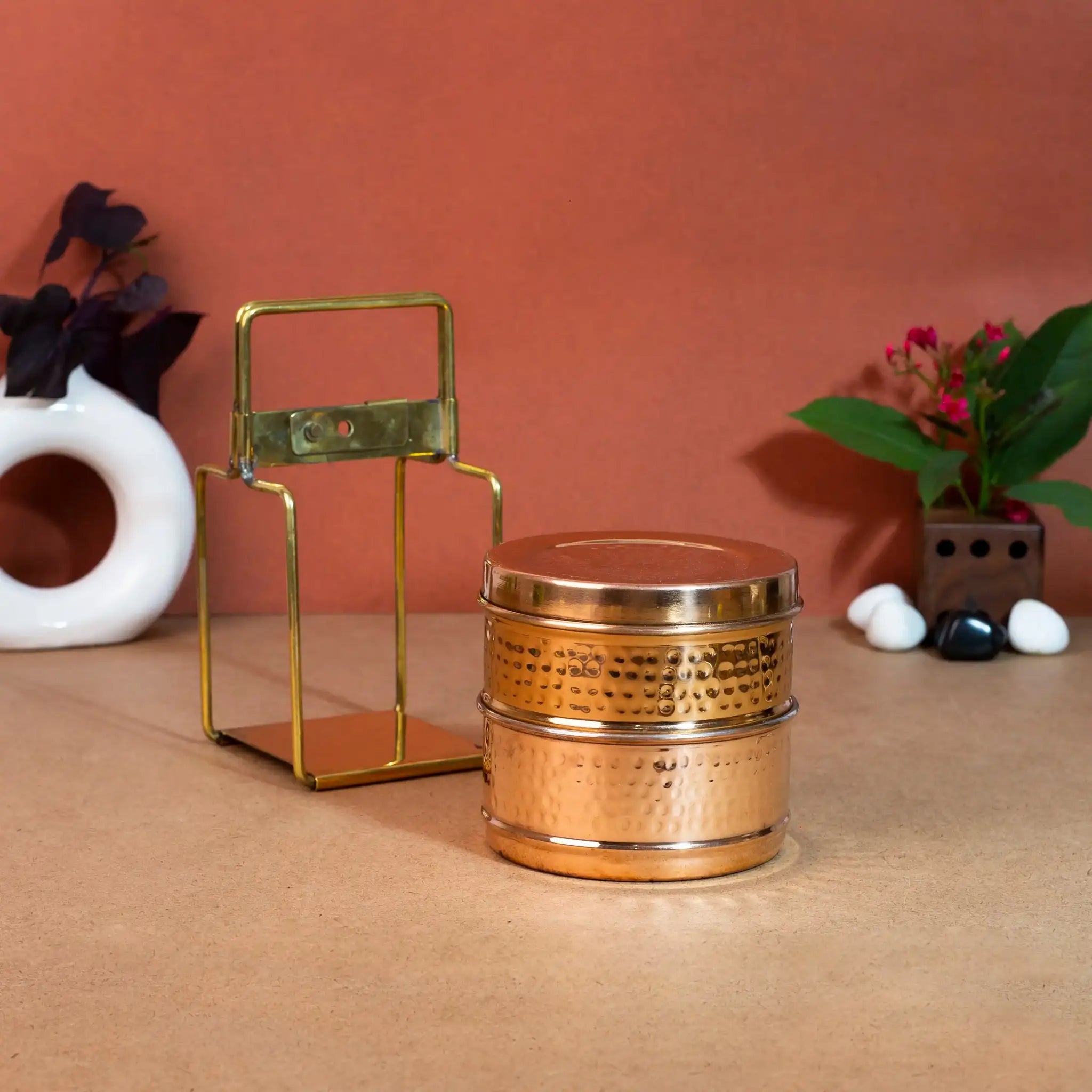Traditional 2-Tier Hammered Copper & Steel Tiffin Box with Brass Frame