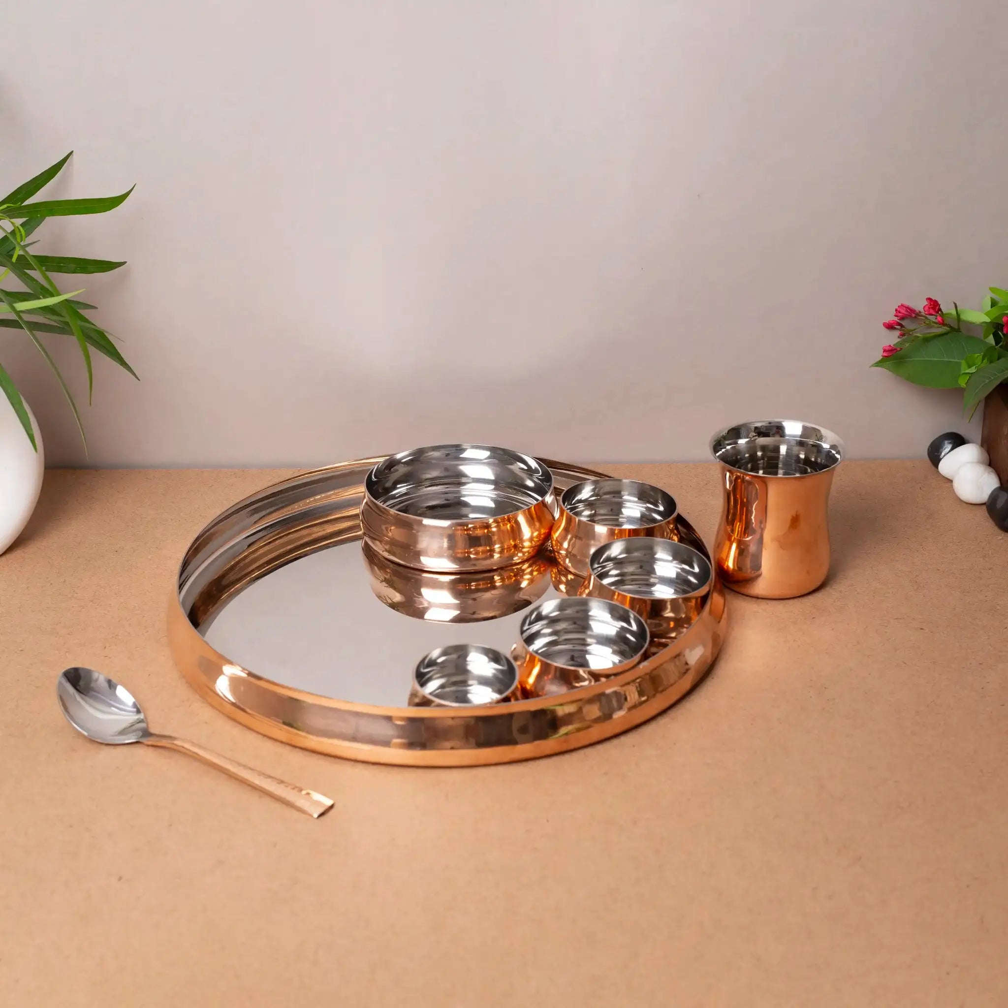 Complete 8-Piece Copper & Steel Thali Dinner Set | For Festive Dining & Gifting