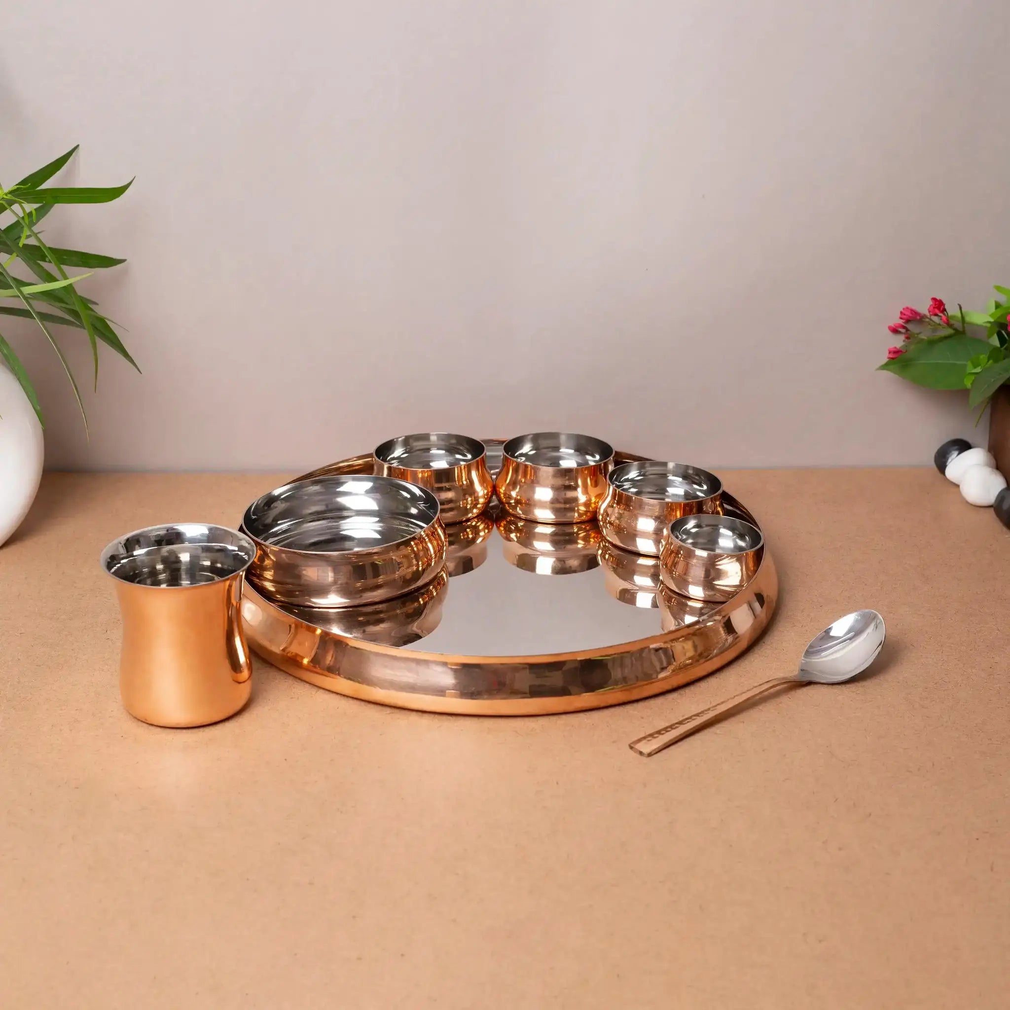 Complete 8-Piece Copper & Steel Thali Dinner Set | For Festive Dining & Gifting