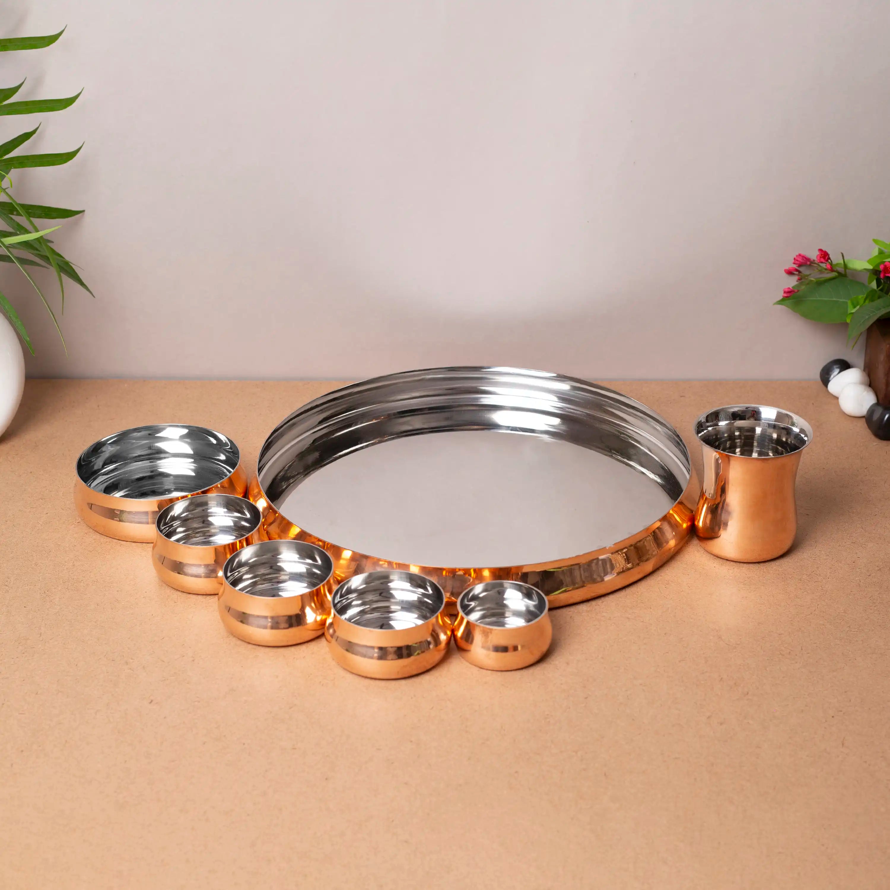 Complete 8-Piece Copper & Steel Thali Dinner Set | For Festive Dining & Gifting