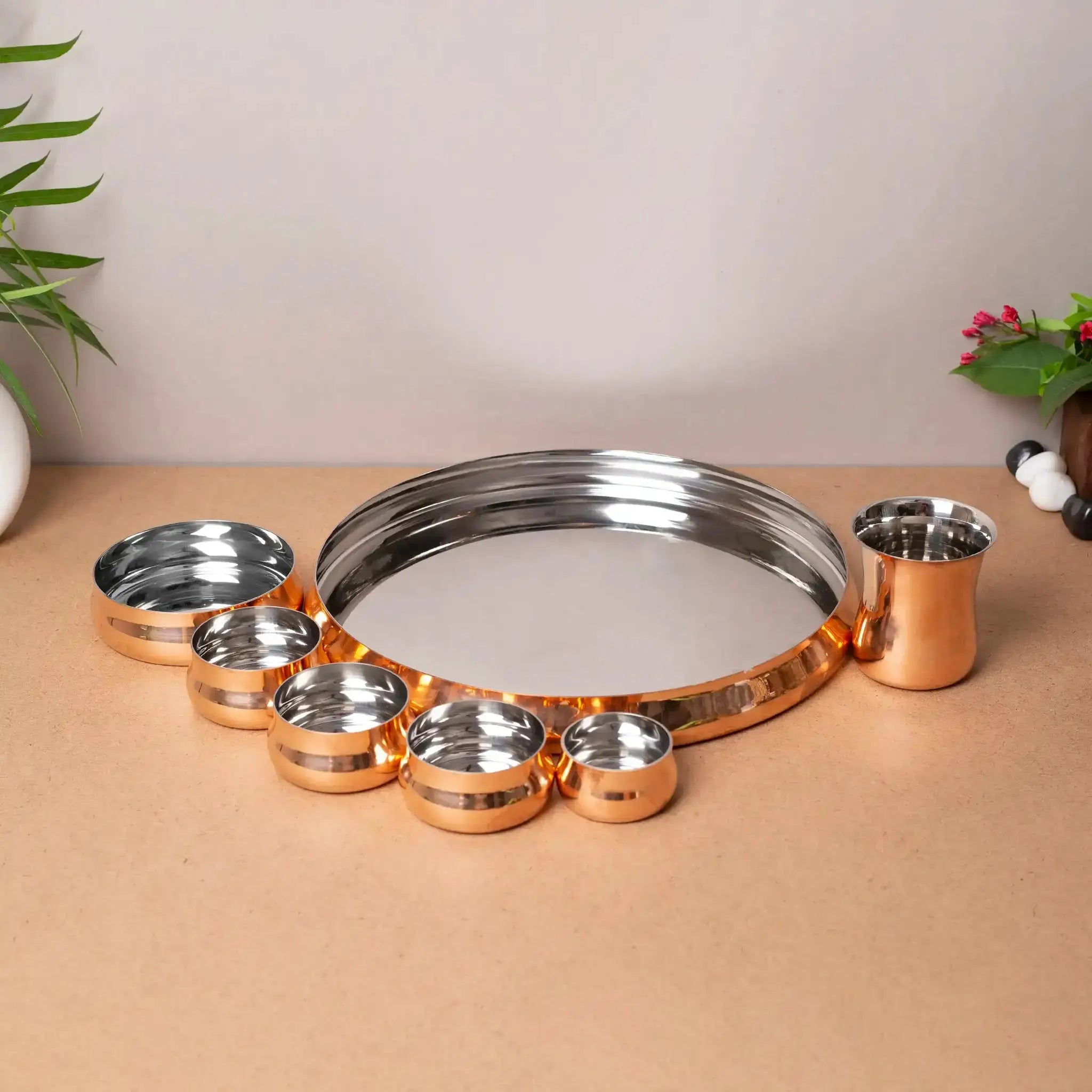 Complete 8-Piece Copper & Steel Thali Dinner Set | For Festive Dining & Gifting