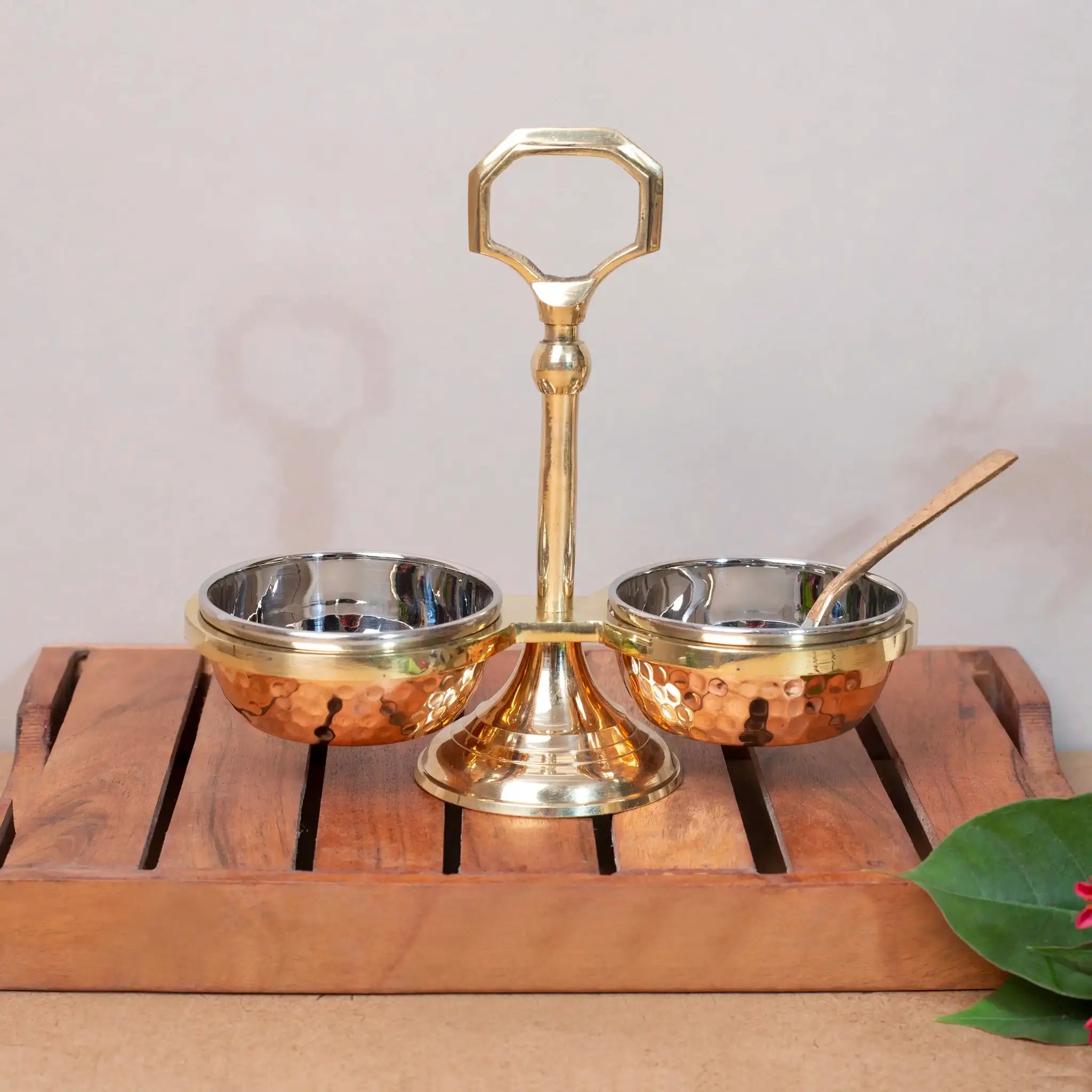 Elegant Copper & Brass Serving Caddy with 2 Steel Bowls & Spoon | For Chutneys & Pickles
