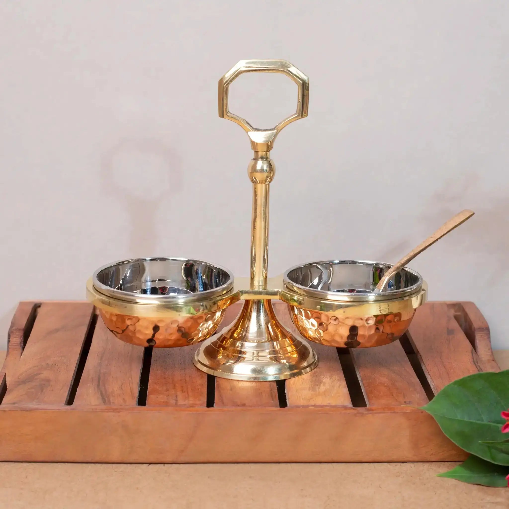 Elegant Copper & Brass Serving Caddy with 2 Steel Bowls & Spoon | For Chutneys & Pickles