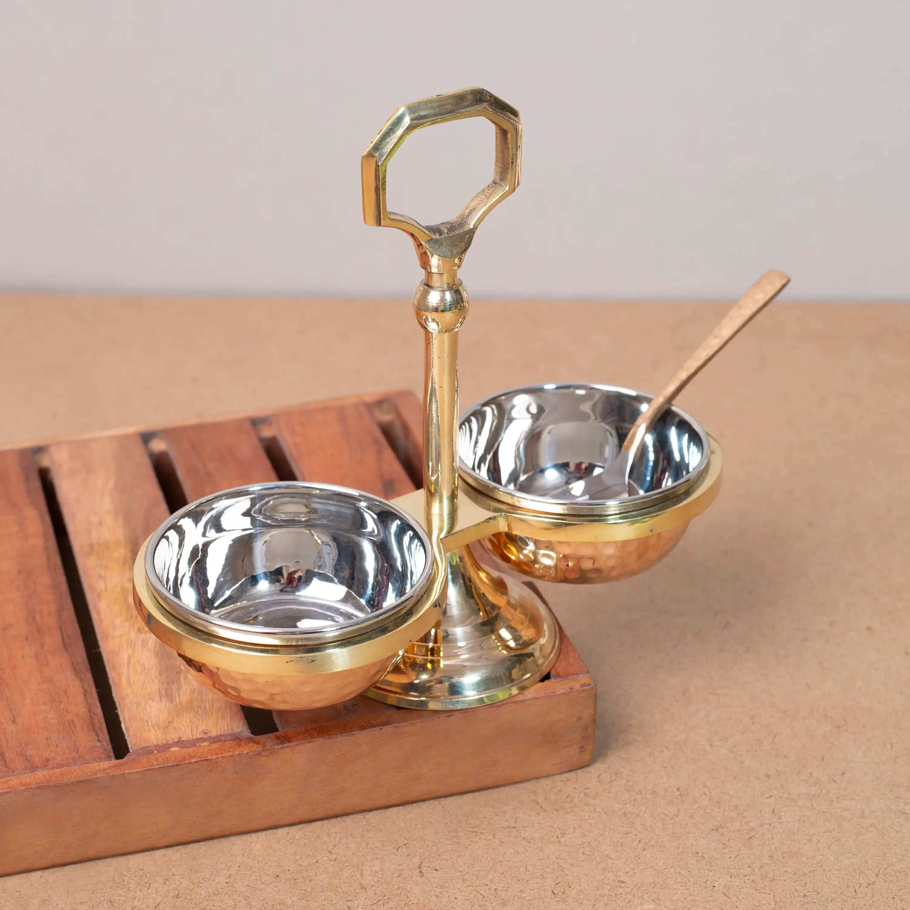 Elegant Copper & Brass Serving Caddy with 2 Steel Bowls & Spoon | For Chutneys & Pickles
