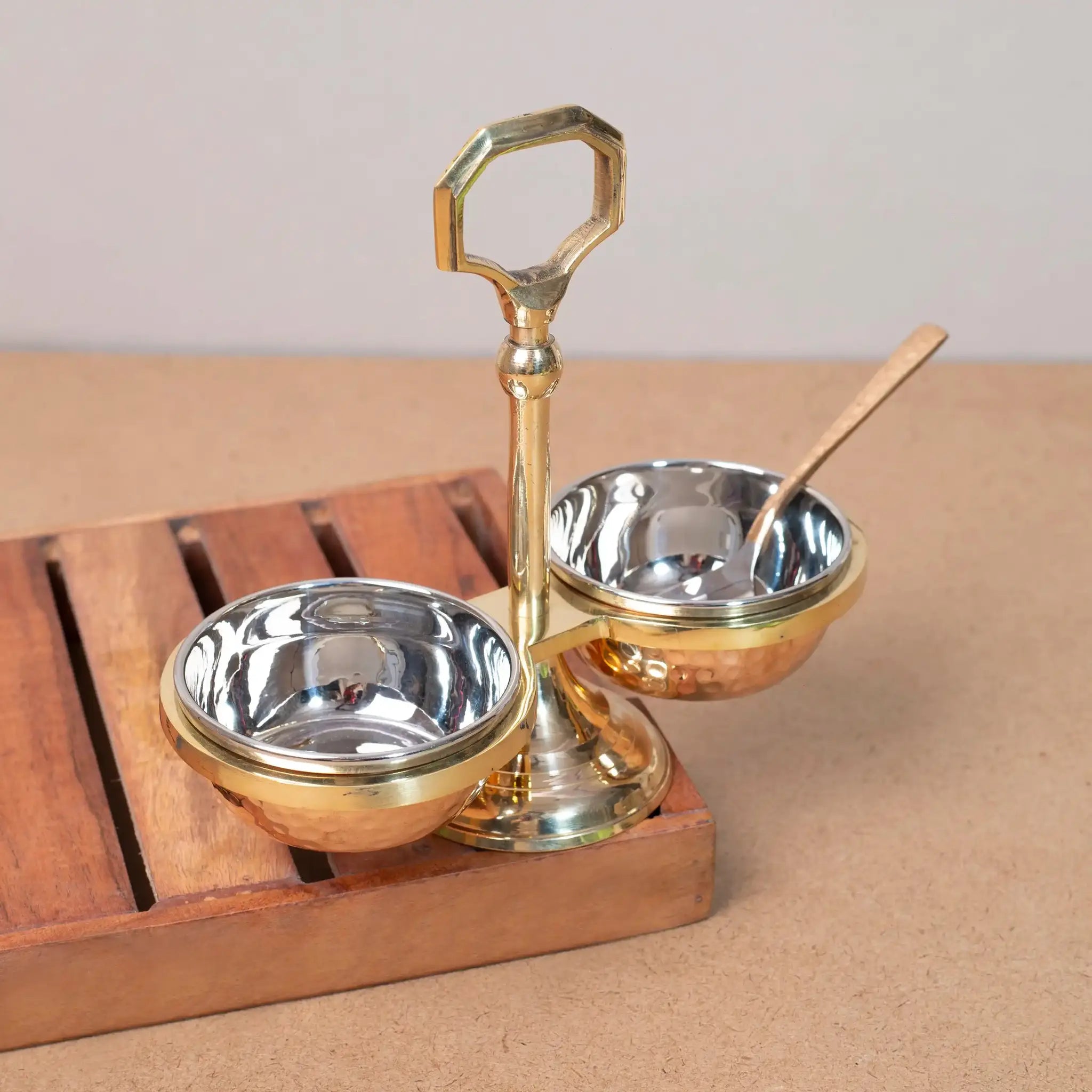 Elegant Copper & Brass Serving Caddy with 2 Steel Bowls & Spoon | For Chutneys & Pickles