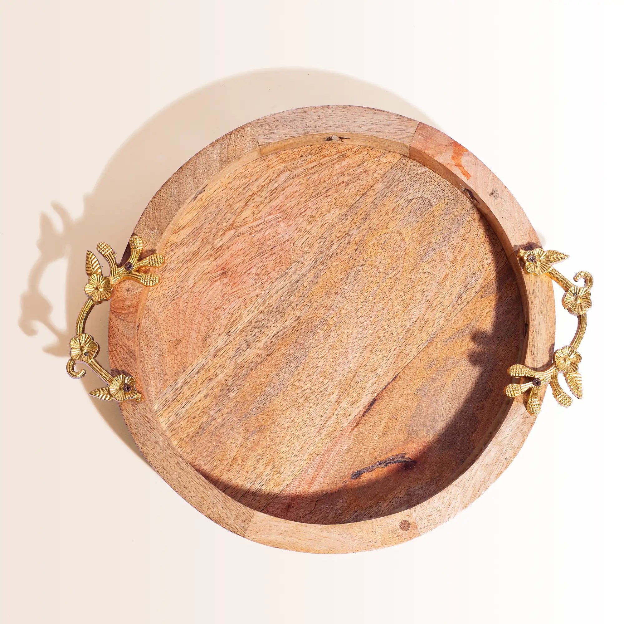 Mango Wood Serving Tray with Brass Leaf Handles & Star Cutouts
