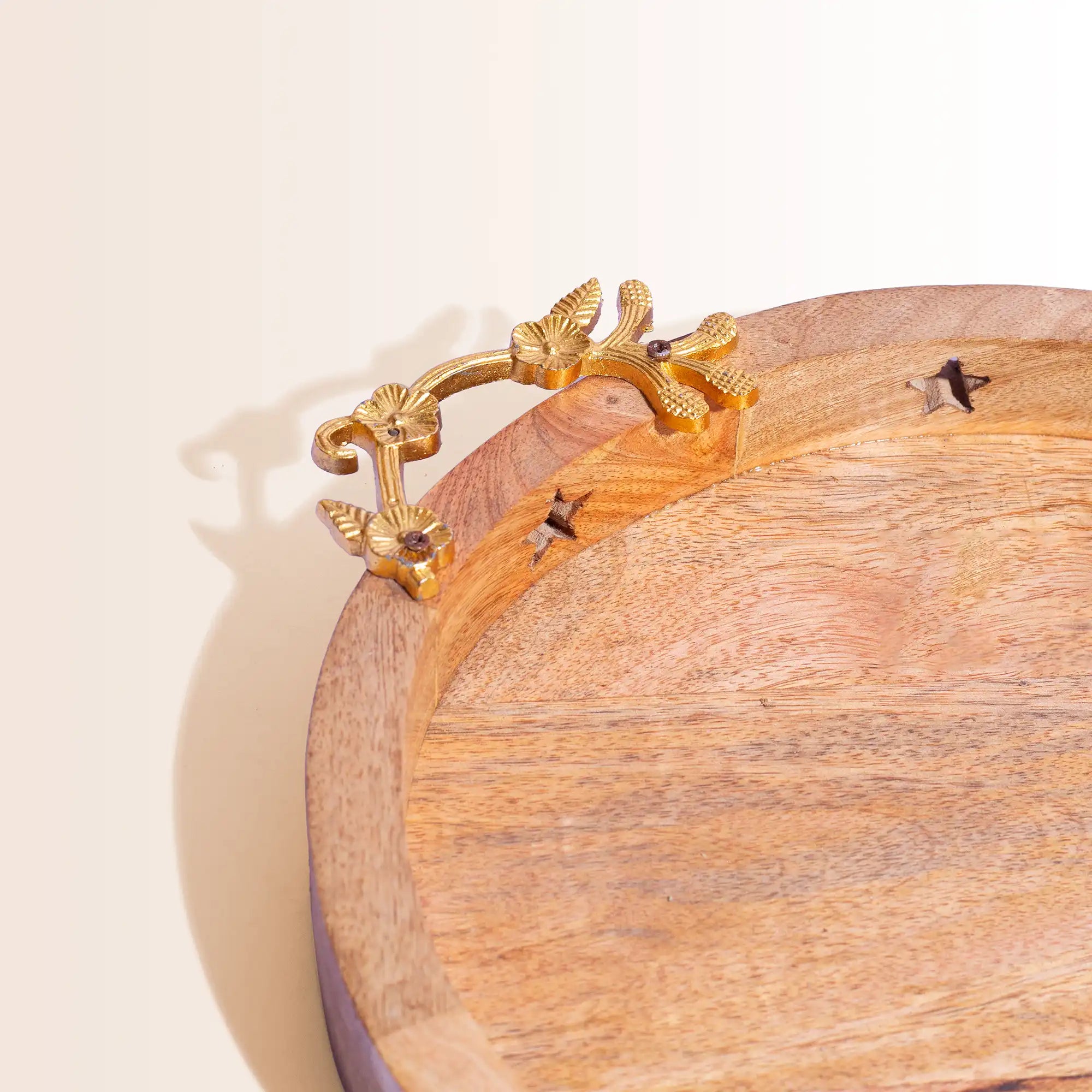 Mango Wood Serving Tray with Brass Leaf Handles & Star Cutouts