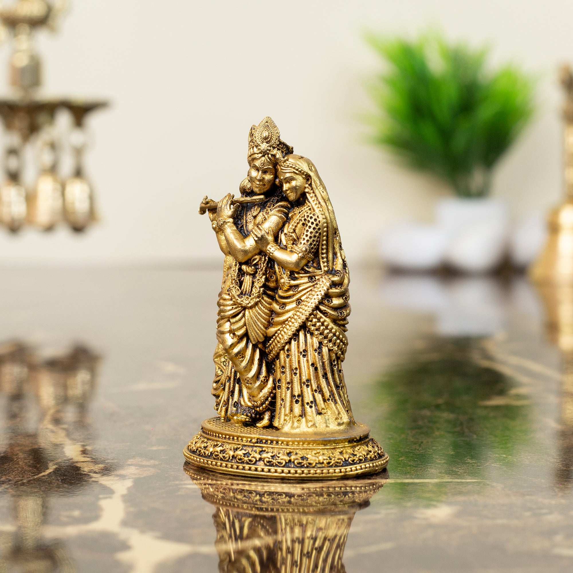 Romantic Brass Radha Krishna Idol | Divine Couple with Flute Statue