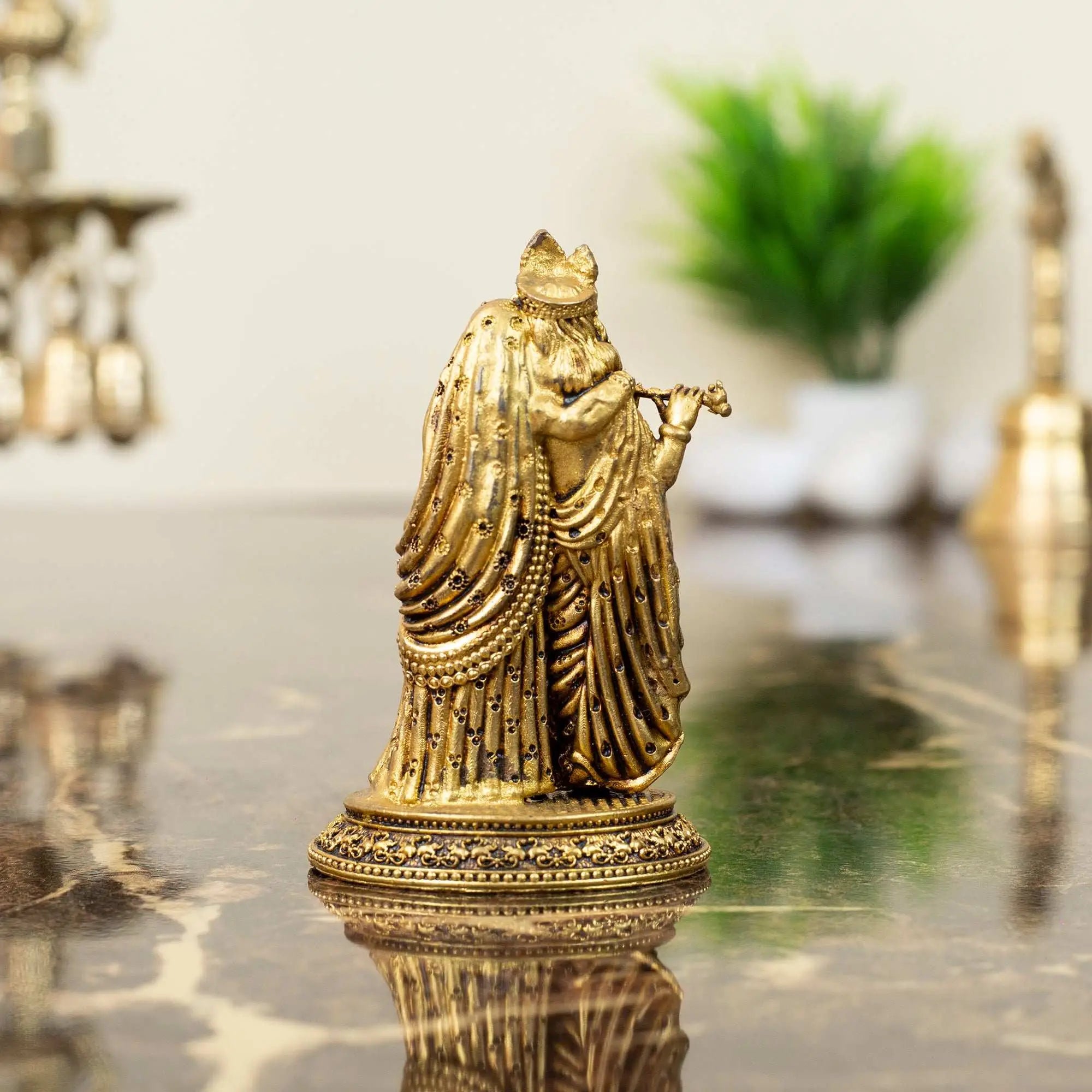 Romantic Brass Radha Krishna Idol | Divine Couple with Flute Statue