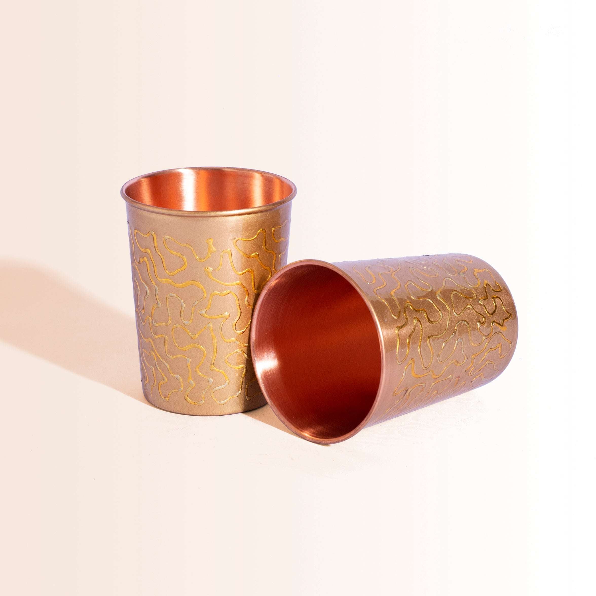 Modern 'Meena' Art Copper Carafe Set with 2 Tumblers | For Ayurvedic Hydration