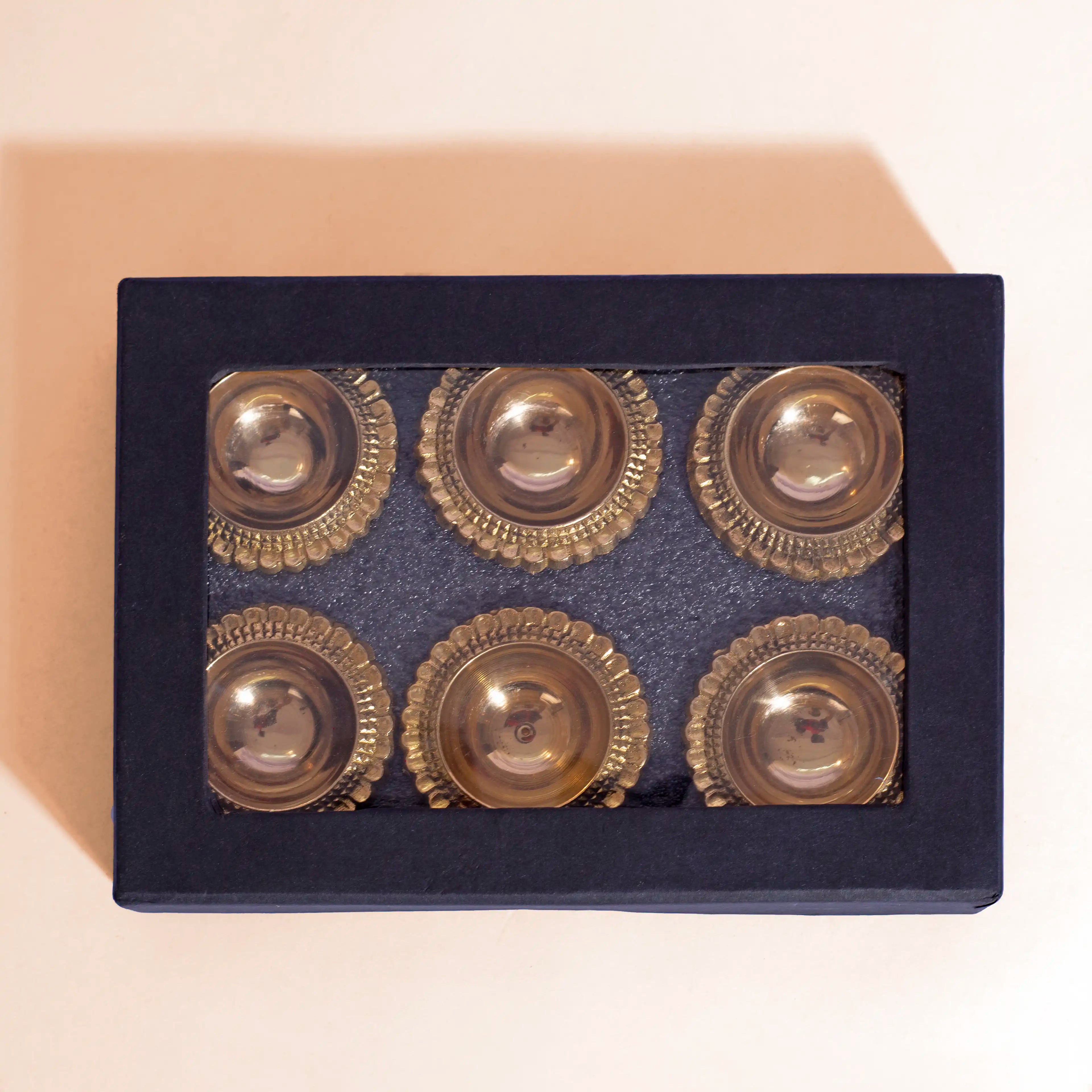 Set of 6 Heavyweight Brass Diyas in Gift Box | For Diwali Decoration & Puja