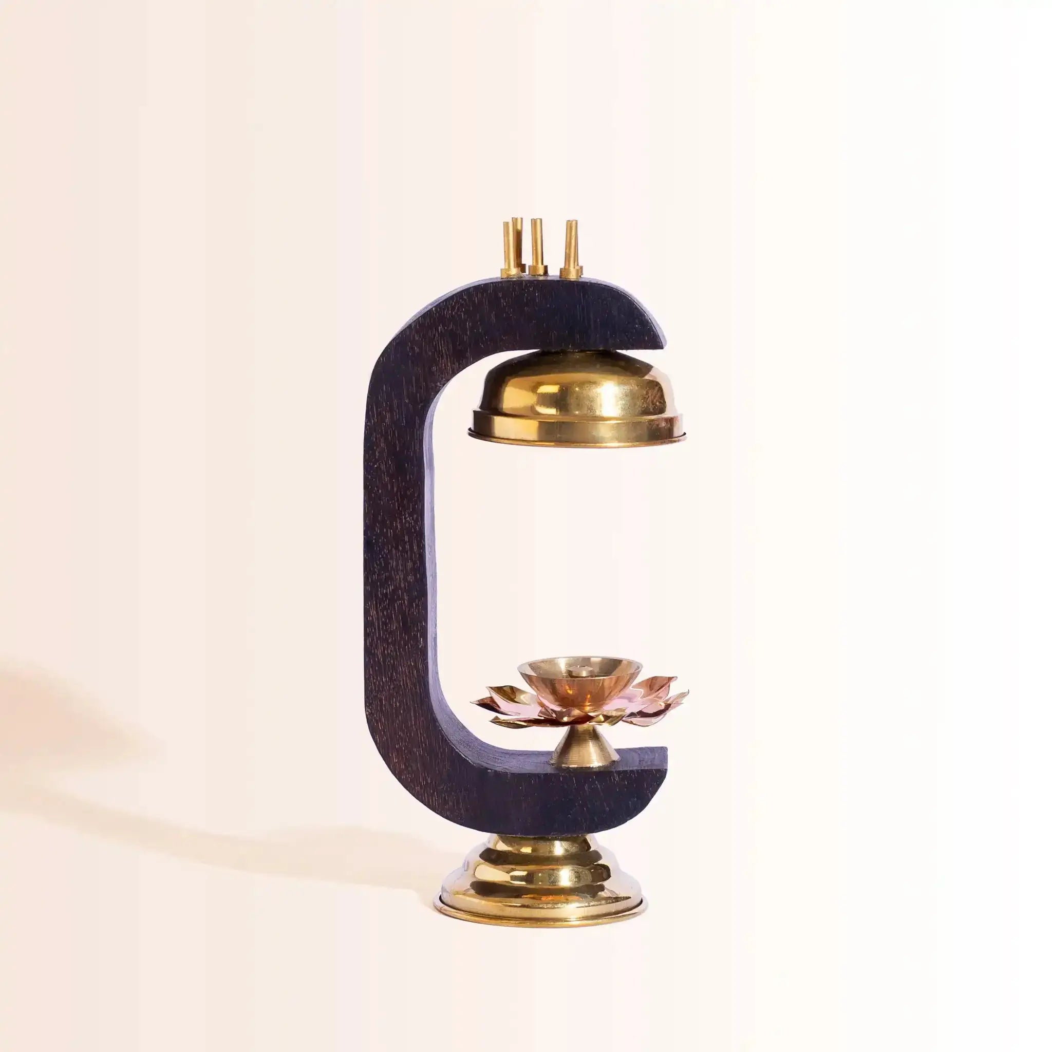 Modern All-in-One Puja Stand | Wood & Brass with Diya & Incense Holder