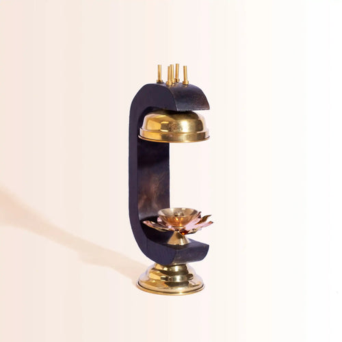 Modern All-in-One Puja Stand | Wood & Brass with Diya & Incense Holder - Pillow Fights