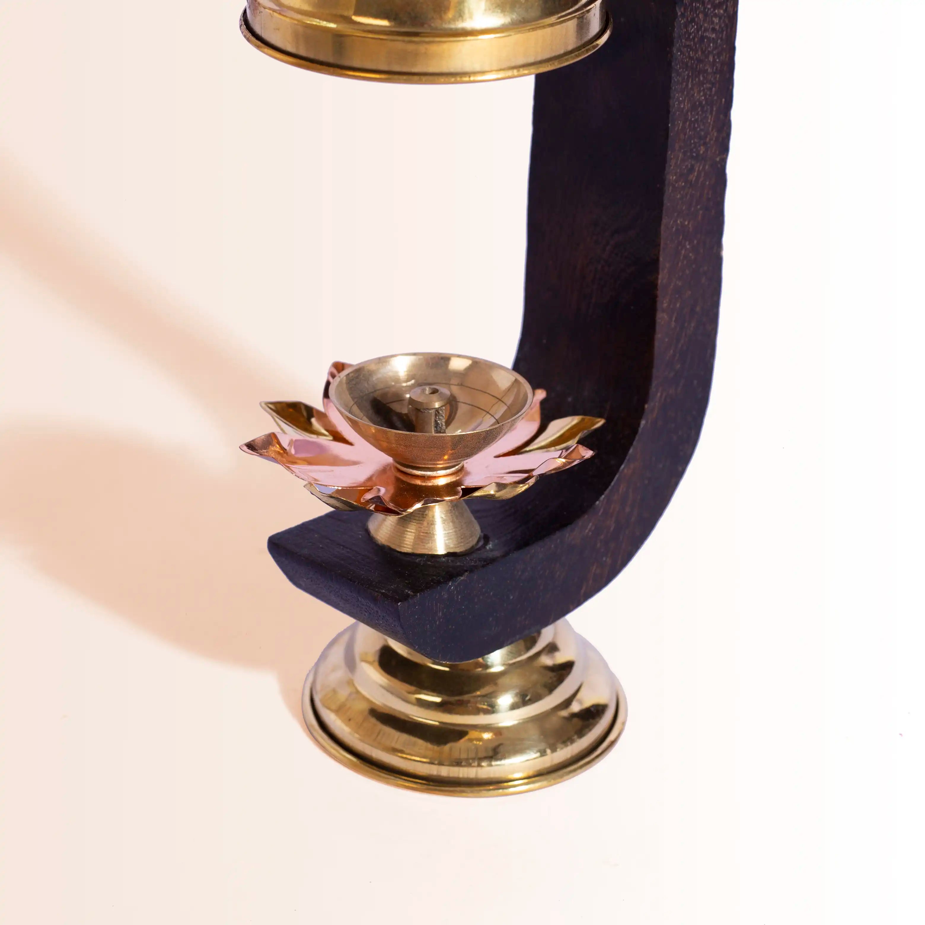 Modern All-in-One Puja Stand | Wood & Brass with Diya & Incense Holder