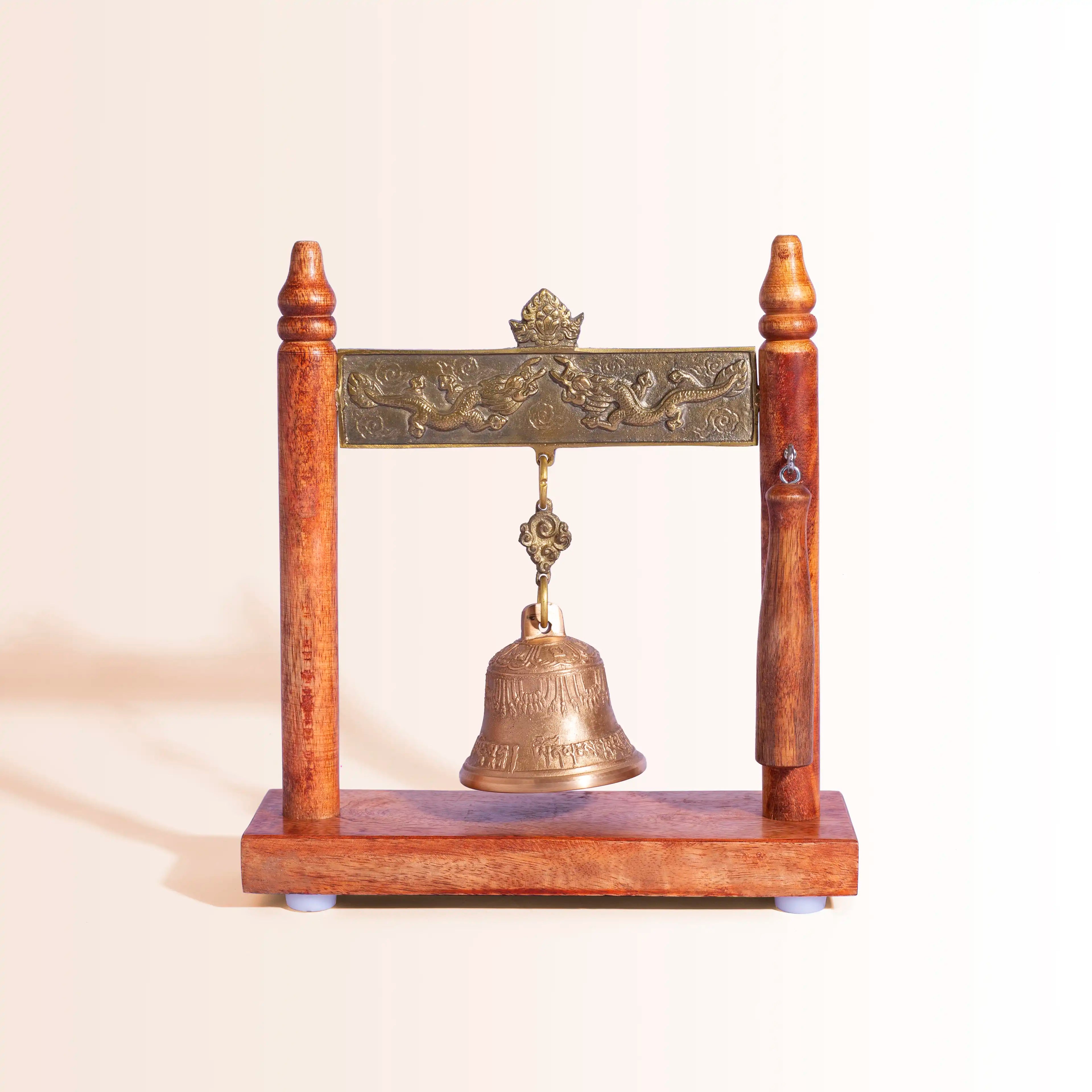 Large Wooden Frame Bell with Ornate Brass Dragons | For Meditation, Feng Shui & Decor