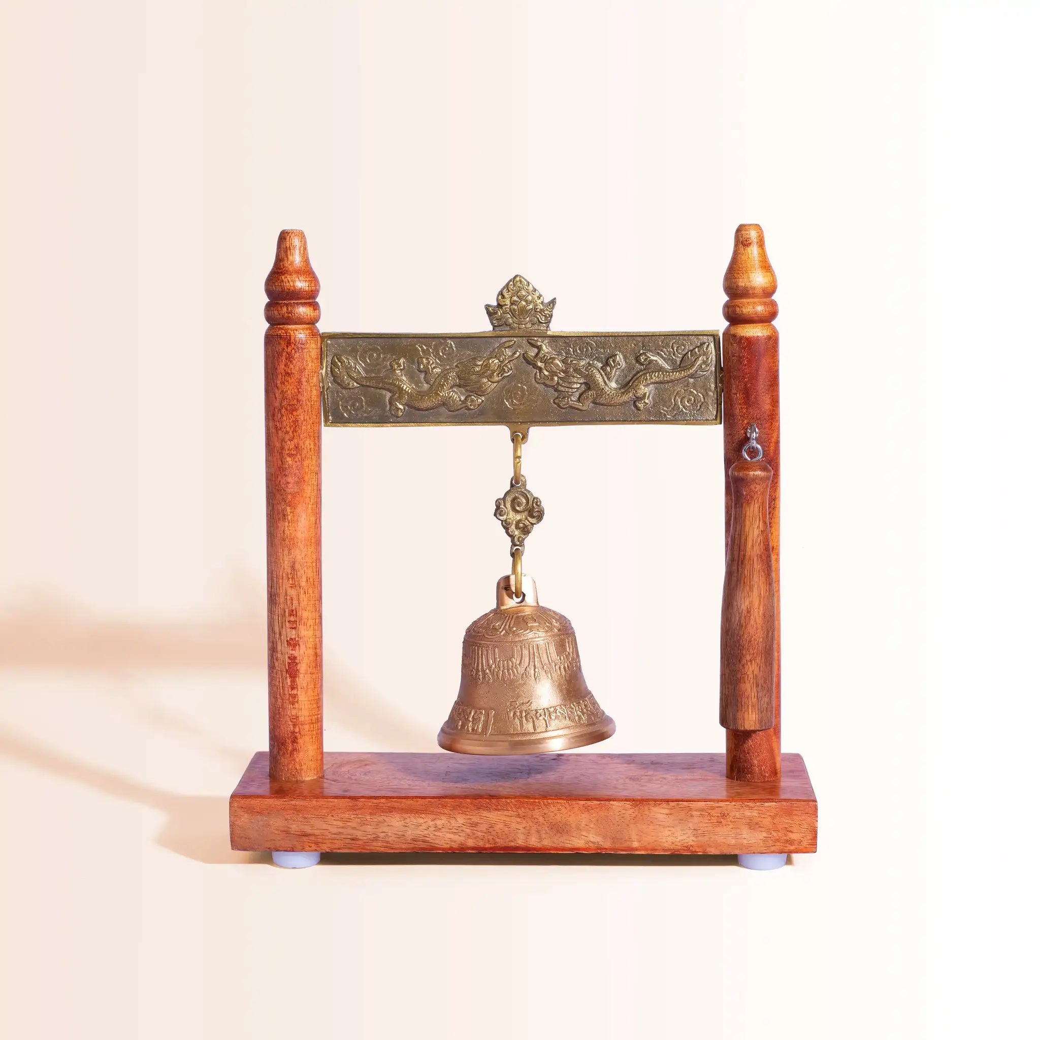 Large Wooden Frame Bell with Ornate Brass Dragons | For Meditation, Feng Shui & Decor