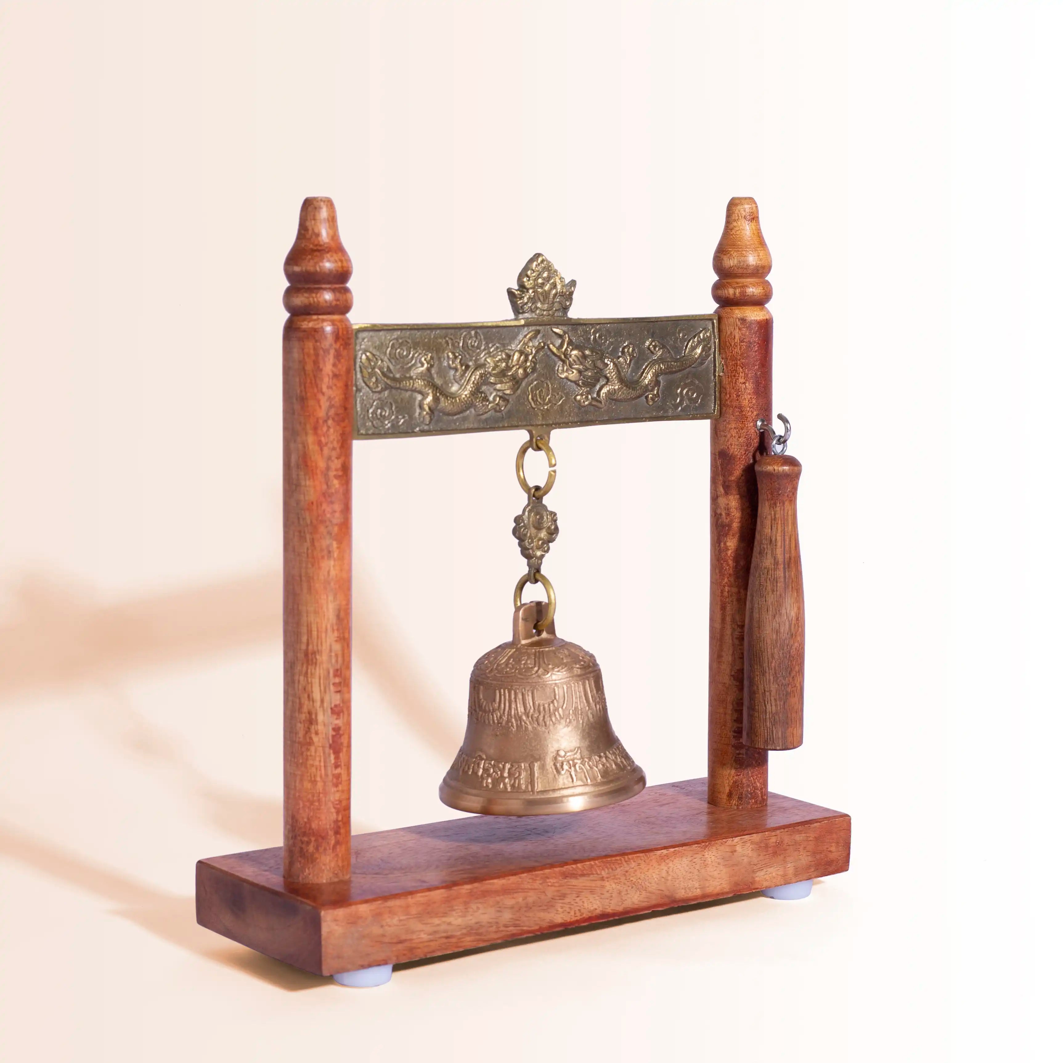 Large Wooden Frame Bell with Ornate Brass Dragons | For Meditation, Feng Shui & Decor