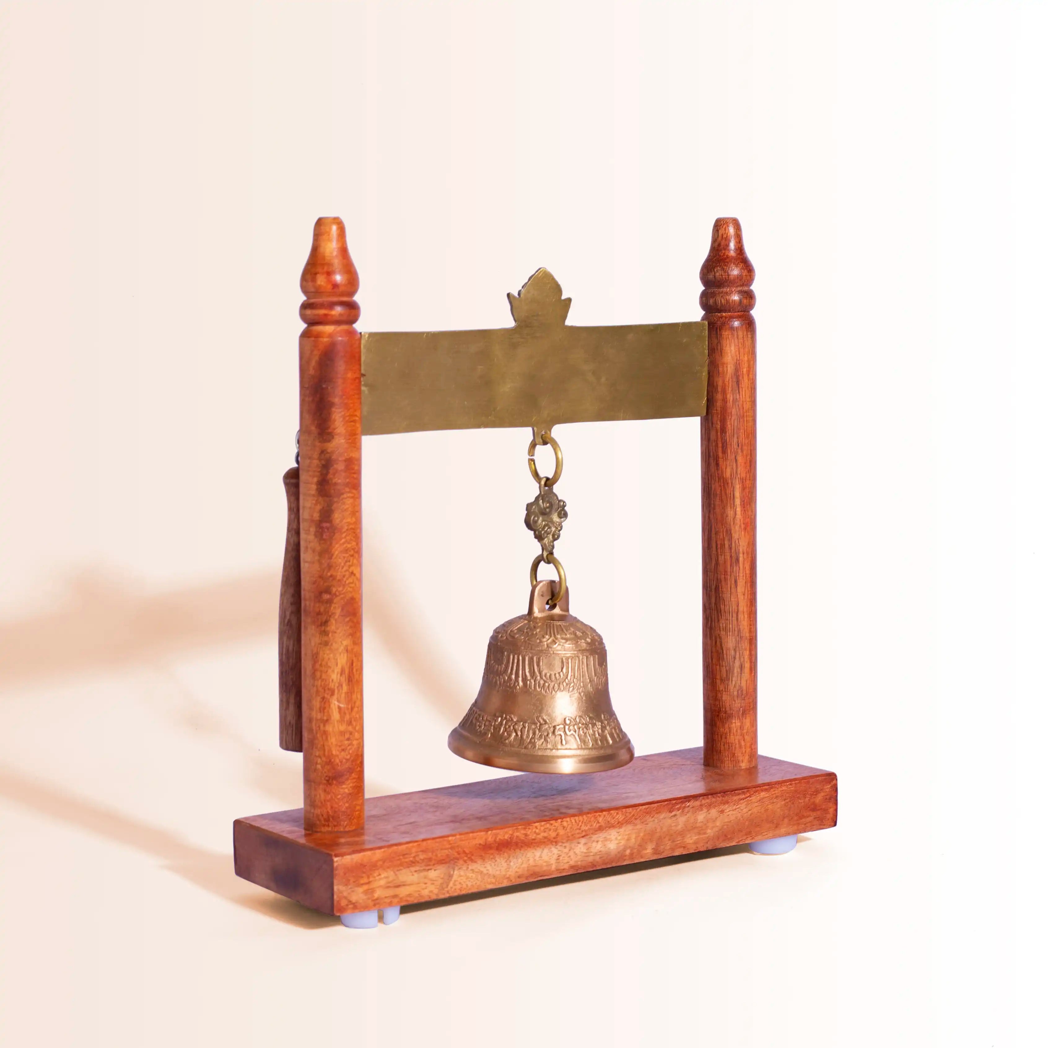 Large Wooden Frame Bell with Ornate Brass Dragons | For Meditation, Feng Shui & Decor