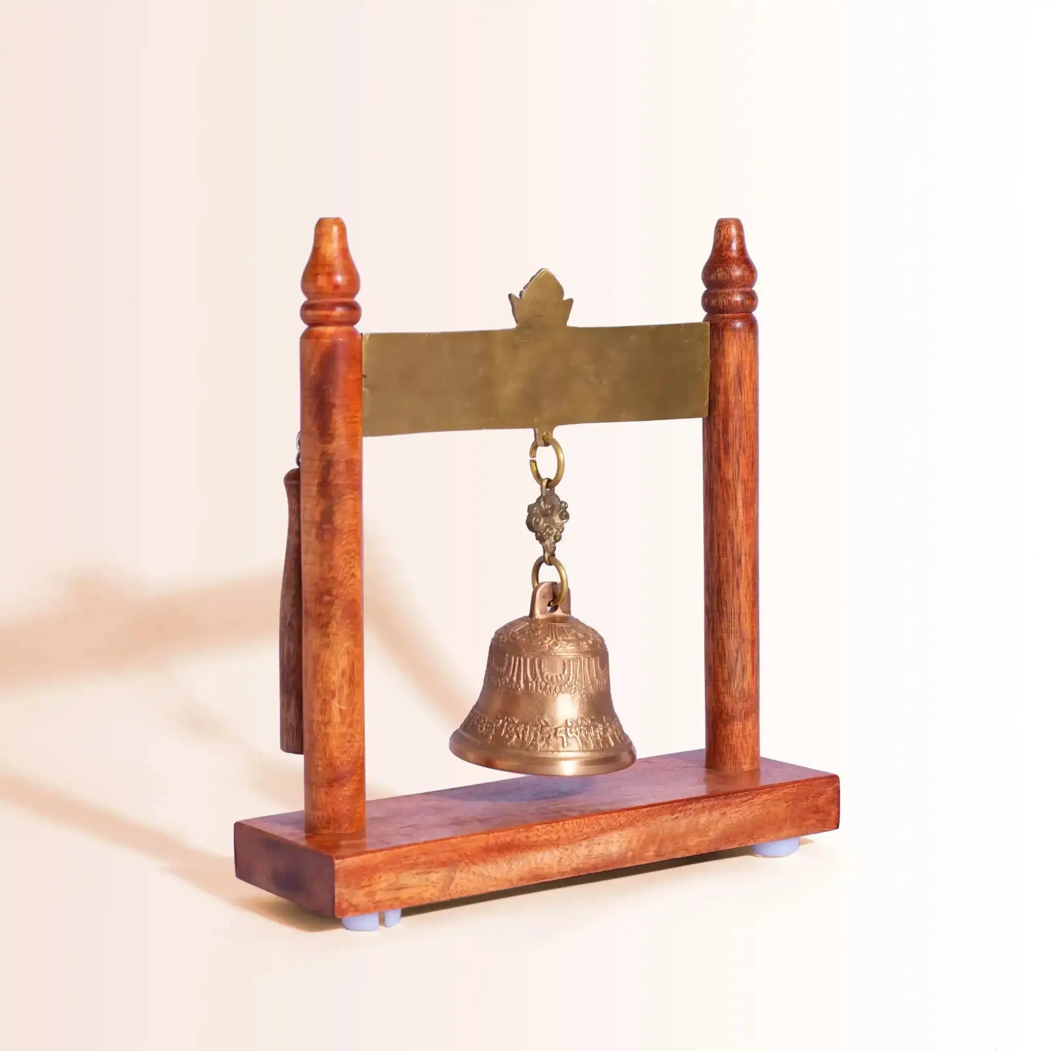 Large Wooden Frame Bell with Ornate Brass Dragons | For Meditation, Feng Shui & Decor