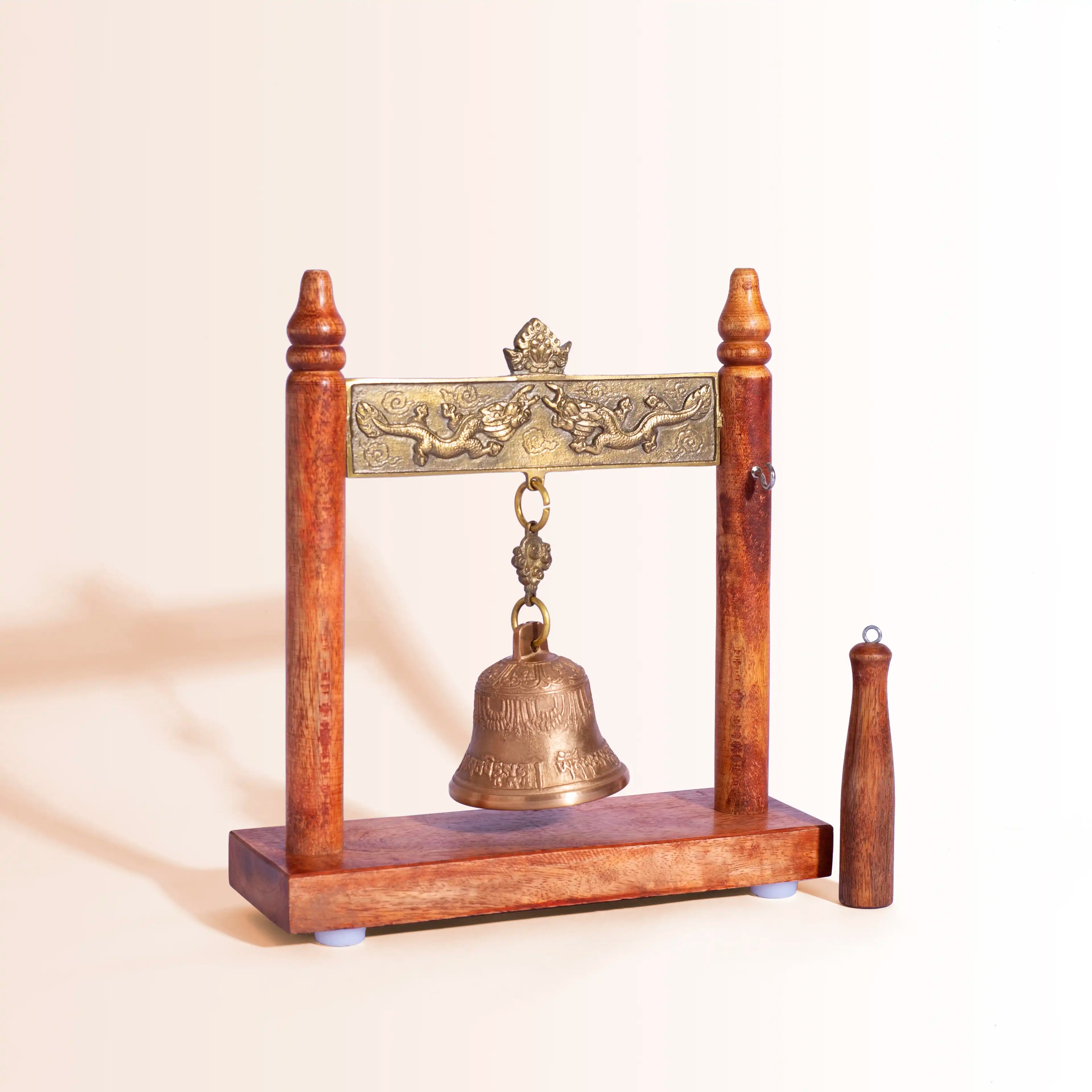 Large Wooden Frame Bell with Ornate Brass Dragons | For Meditation, Feng Shui & Decor