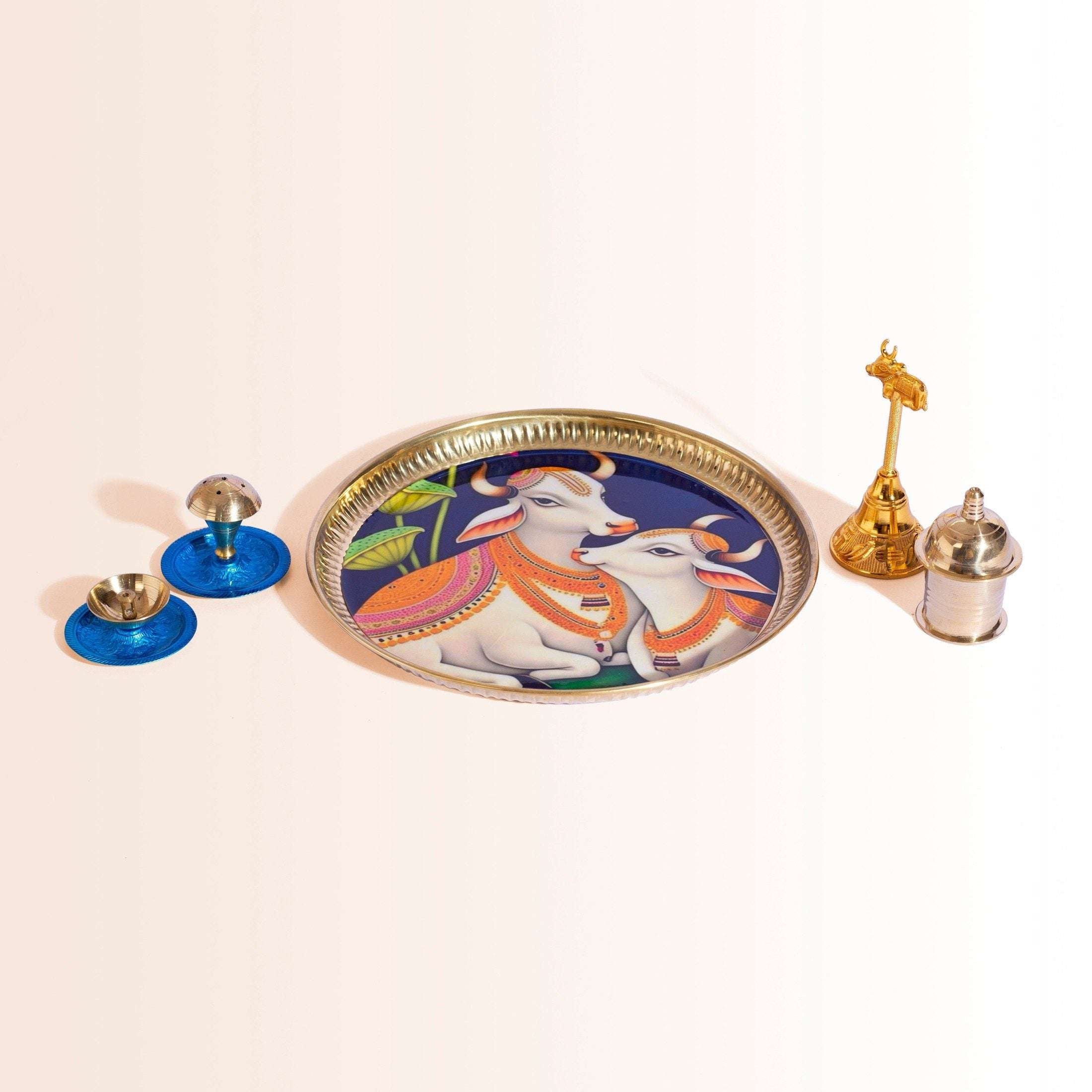 Complete Diwali Puja Gift Set with Cow & Calf Thali in Premium Pink Box