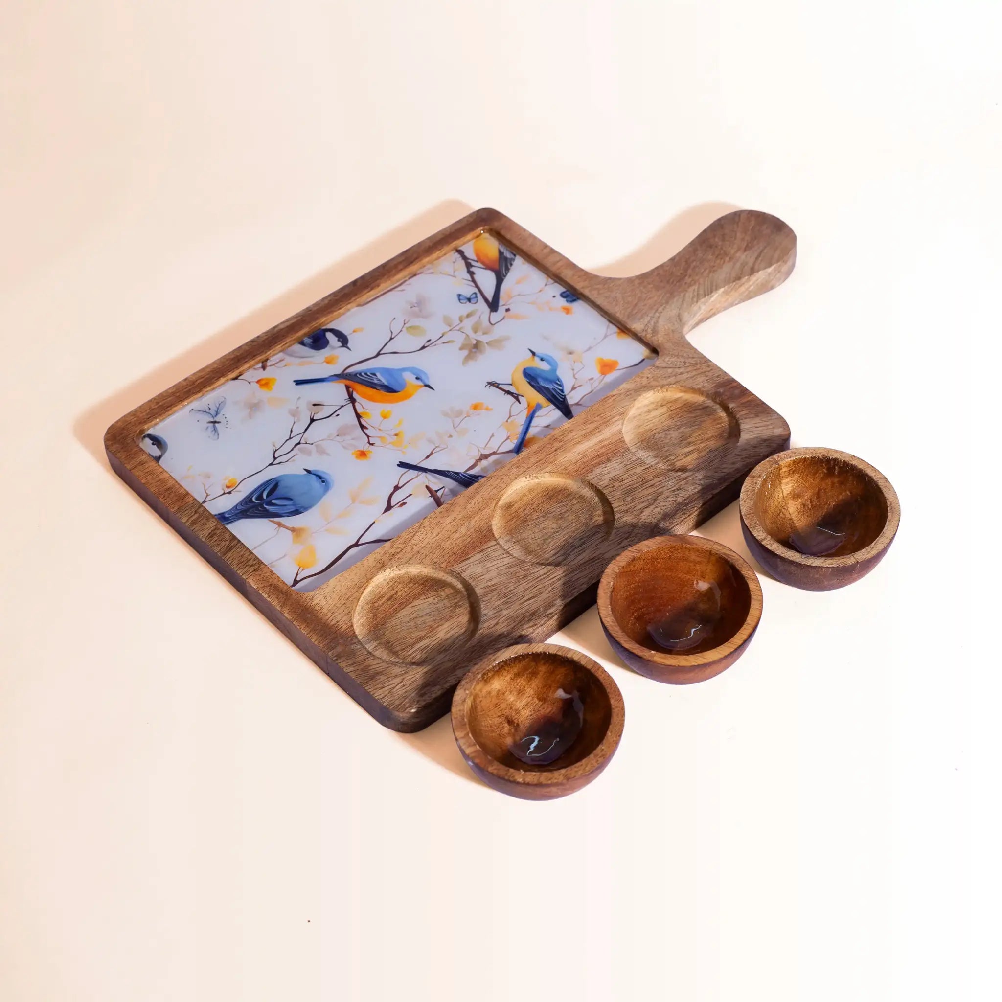 Artistic Wooden Serving Platter with 3 Bowls | Colorful Bird Print