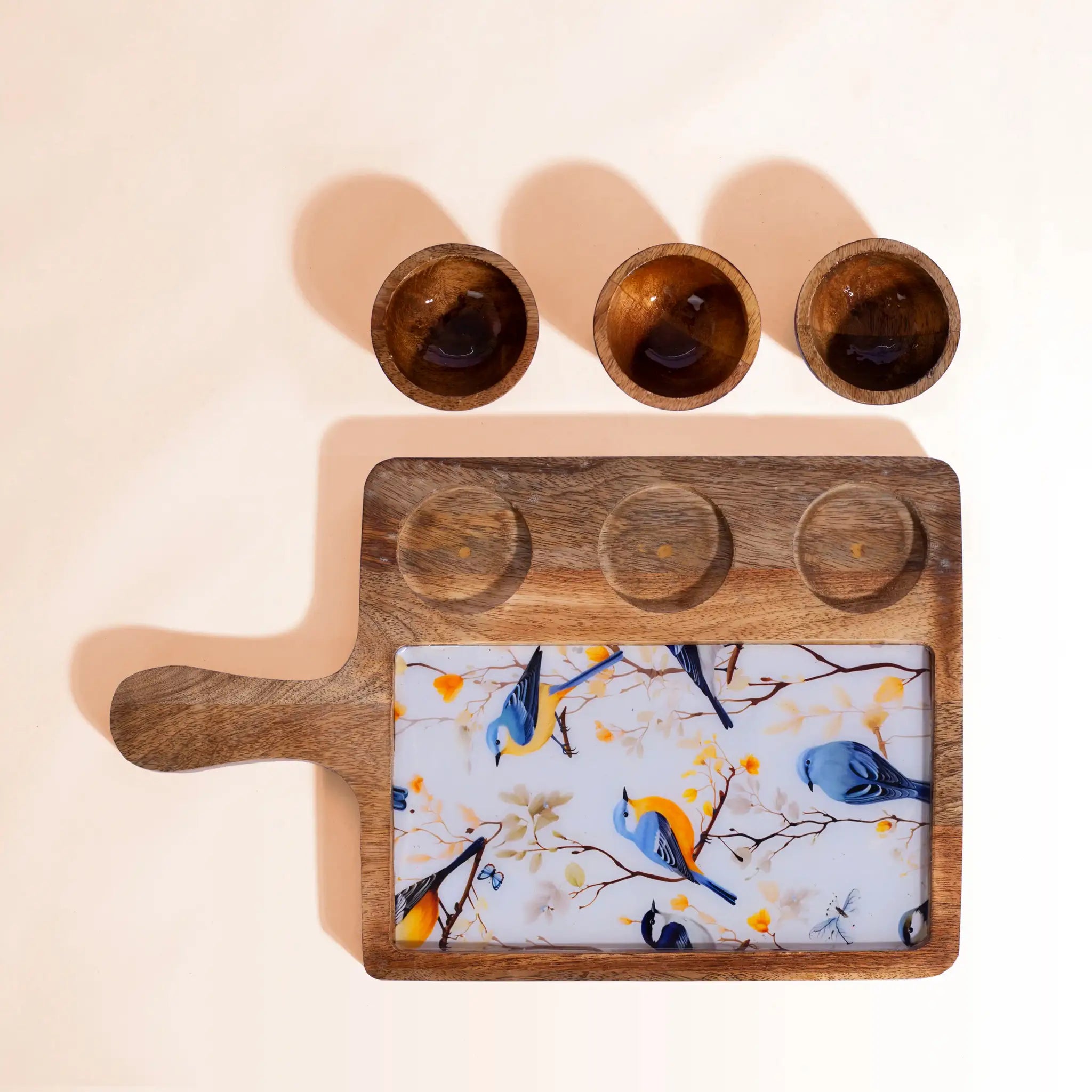 Artistic Wooden Serving Platter with 3 Bowls | Colorful Bird Print