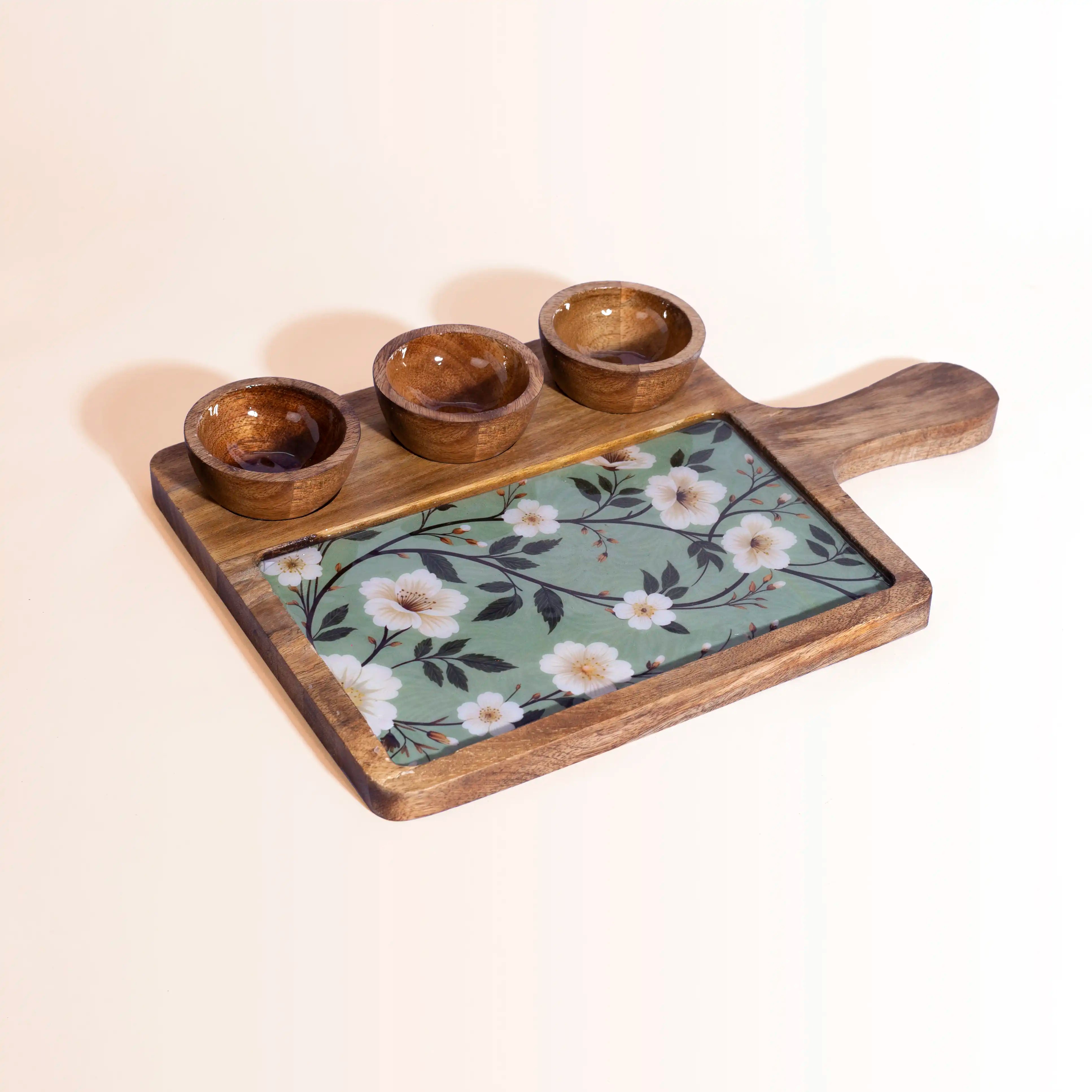 Elegant Wooden Serving Platter with 3 Bowls | Sage Green Floral Print