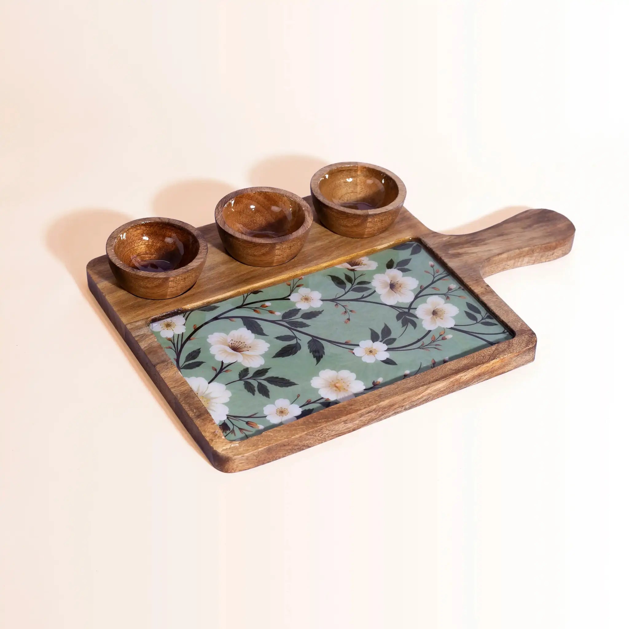 Elegant Wooden Serving Platter with 3 Bowls | Sage Green Floral Print