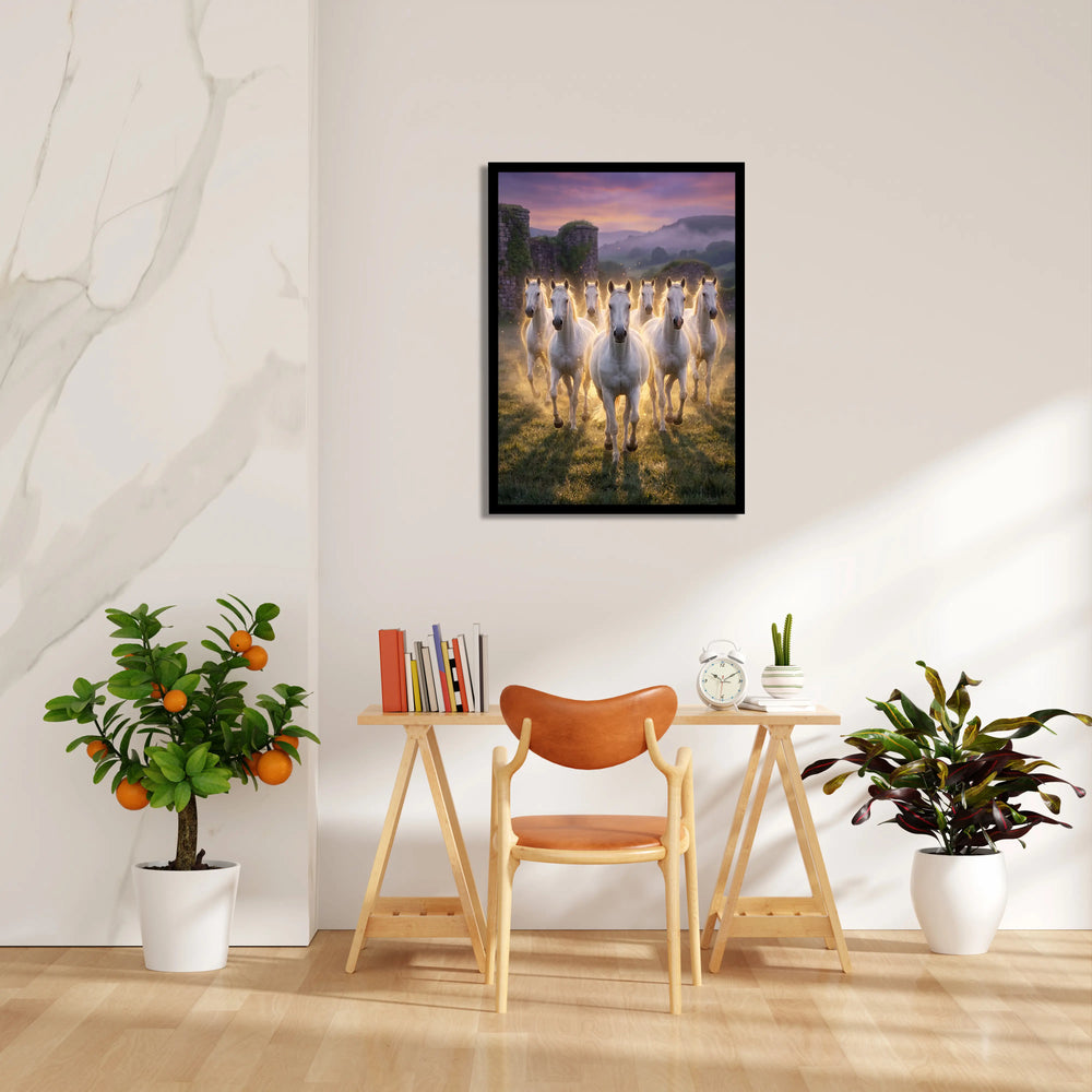 Golden Aura Victory — 7 Horses Vastu Art