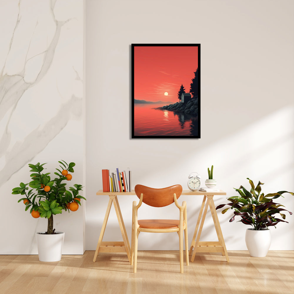 Crimson Lake Sunset Cabin - Landscape Modern Wall Art