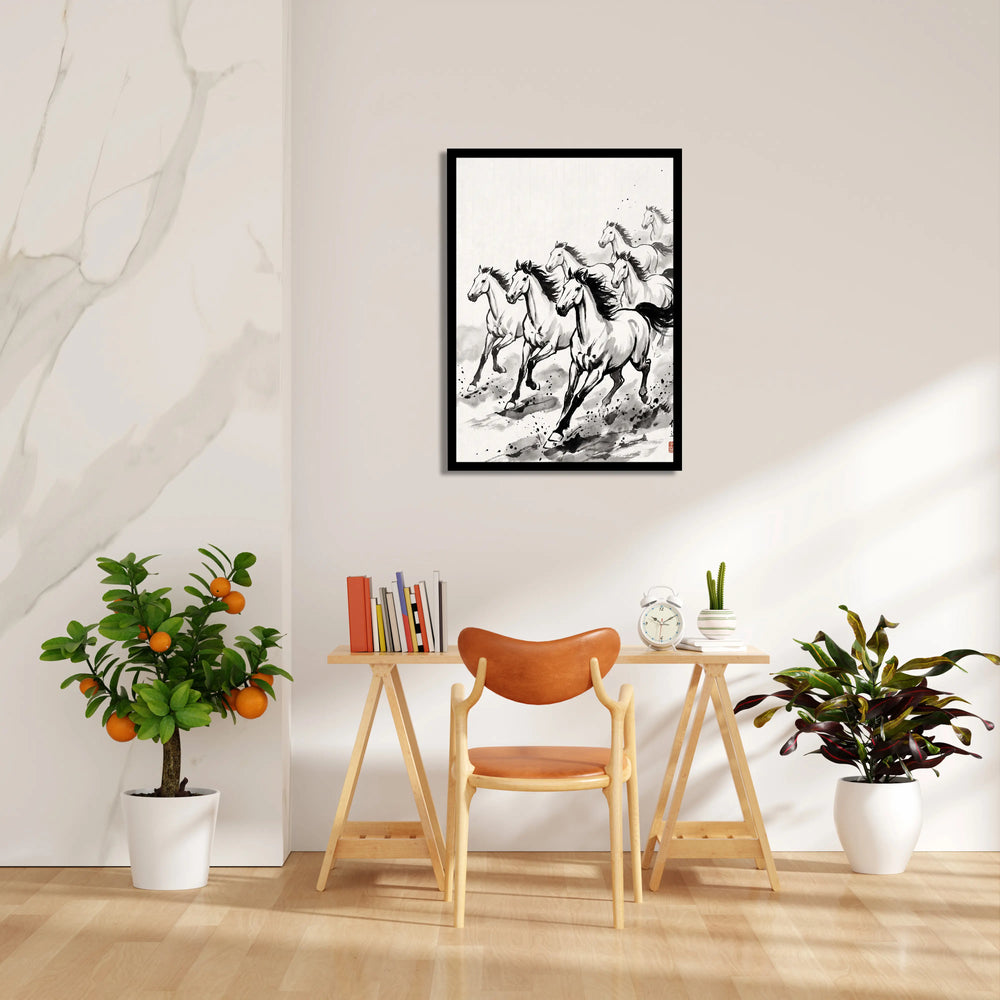 Zen Brushwork Gallop — 7 Horses Vastu Art