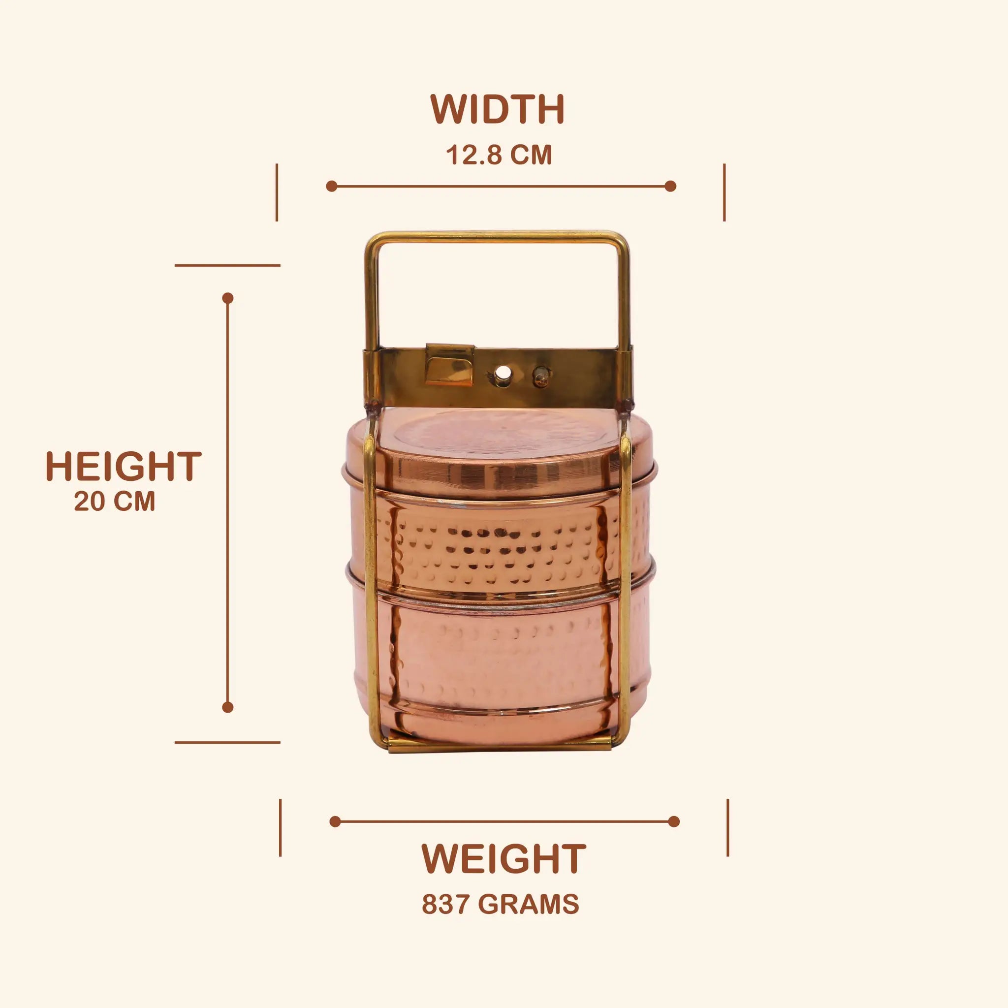 Traditional 2-Tier Hammered Copper & Steel Tiffin Box with Brass Frame