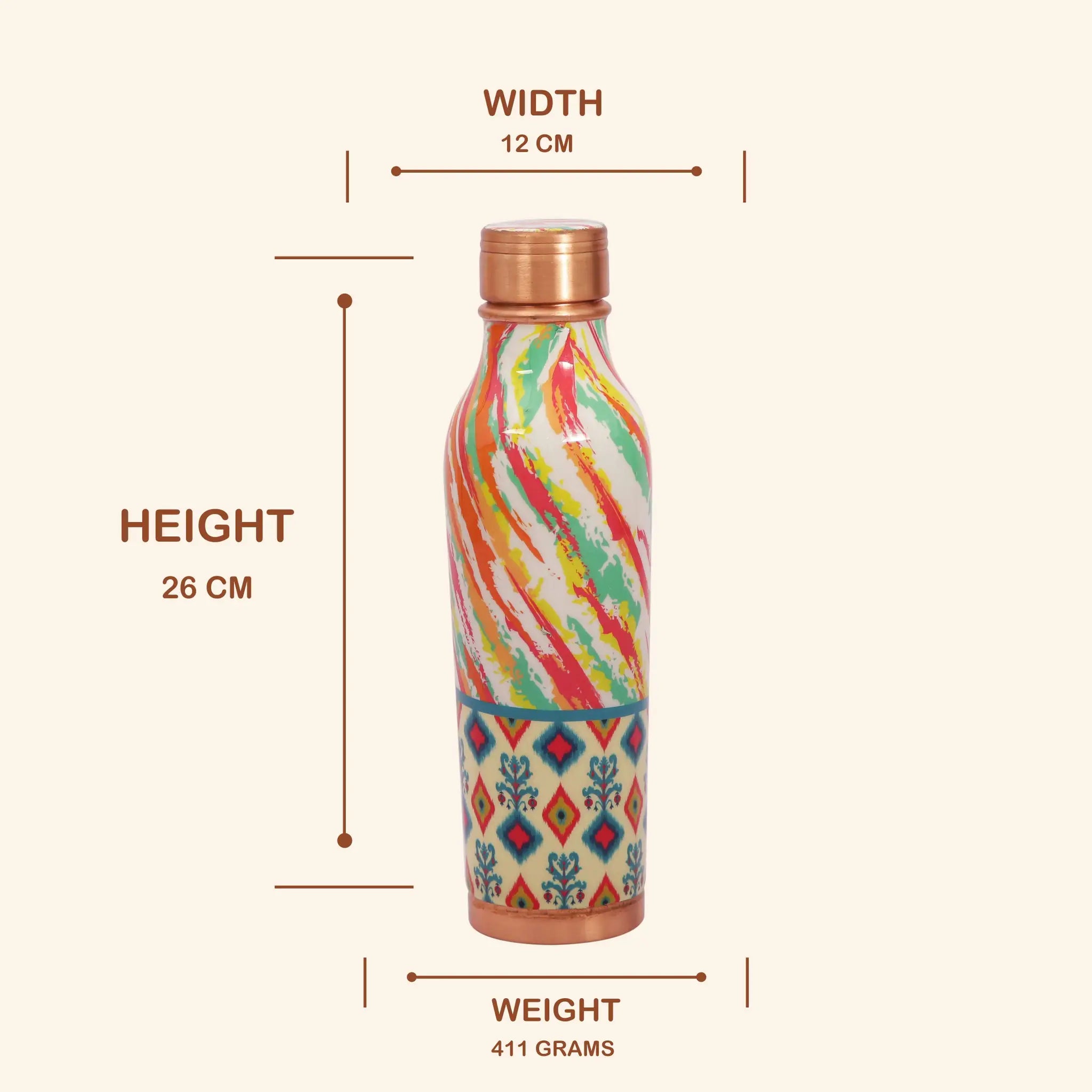 Mina Printed Pure Copper Water Bottle | For Ayurvedic Health & Stylish Hydration, 900 ml