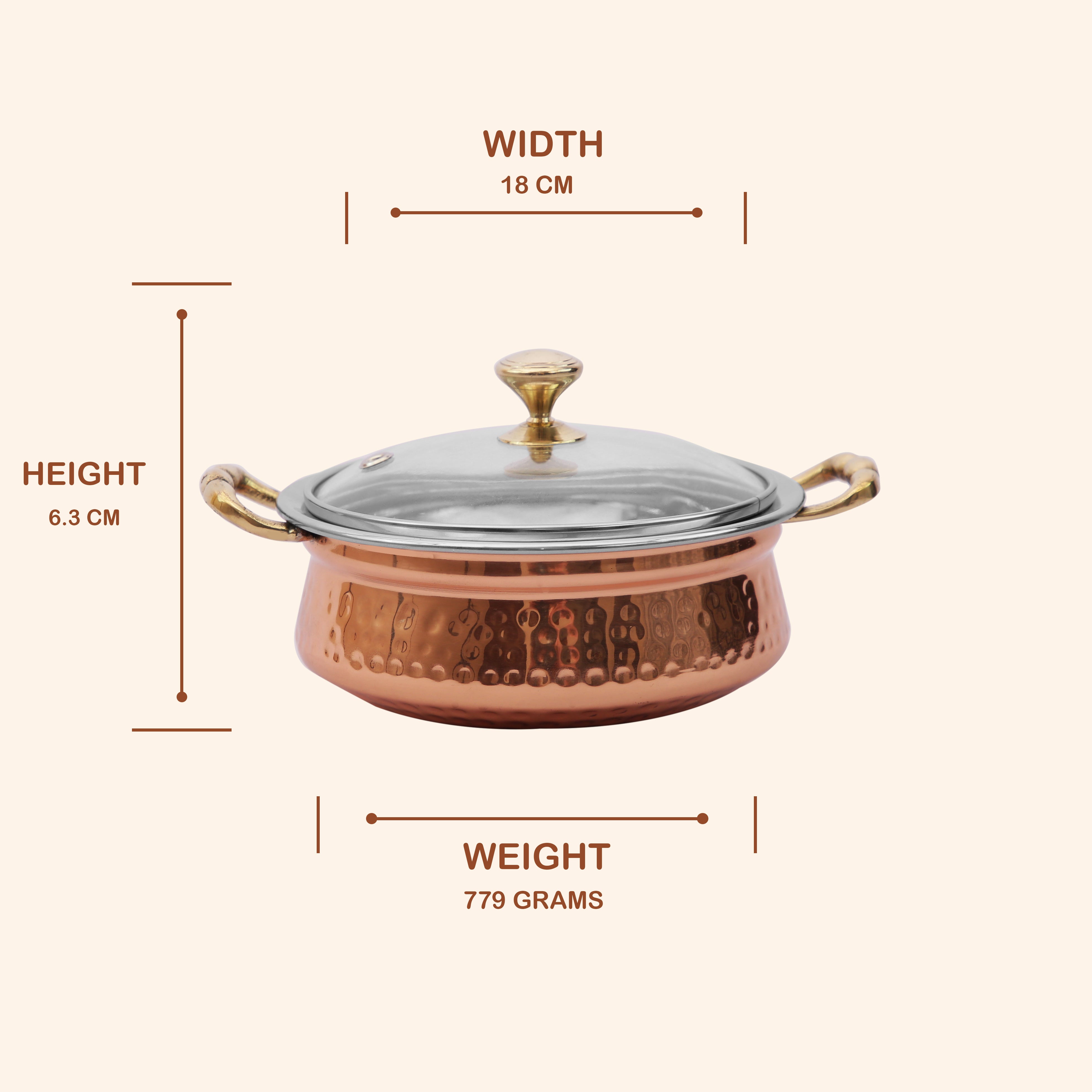 Large Copper & Steel Serving Handi with Glass Lid