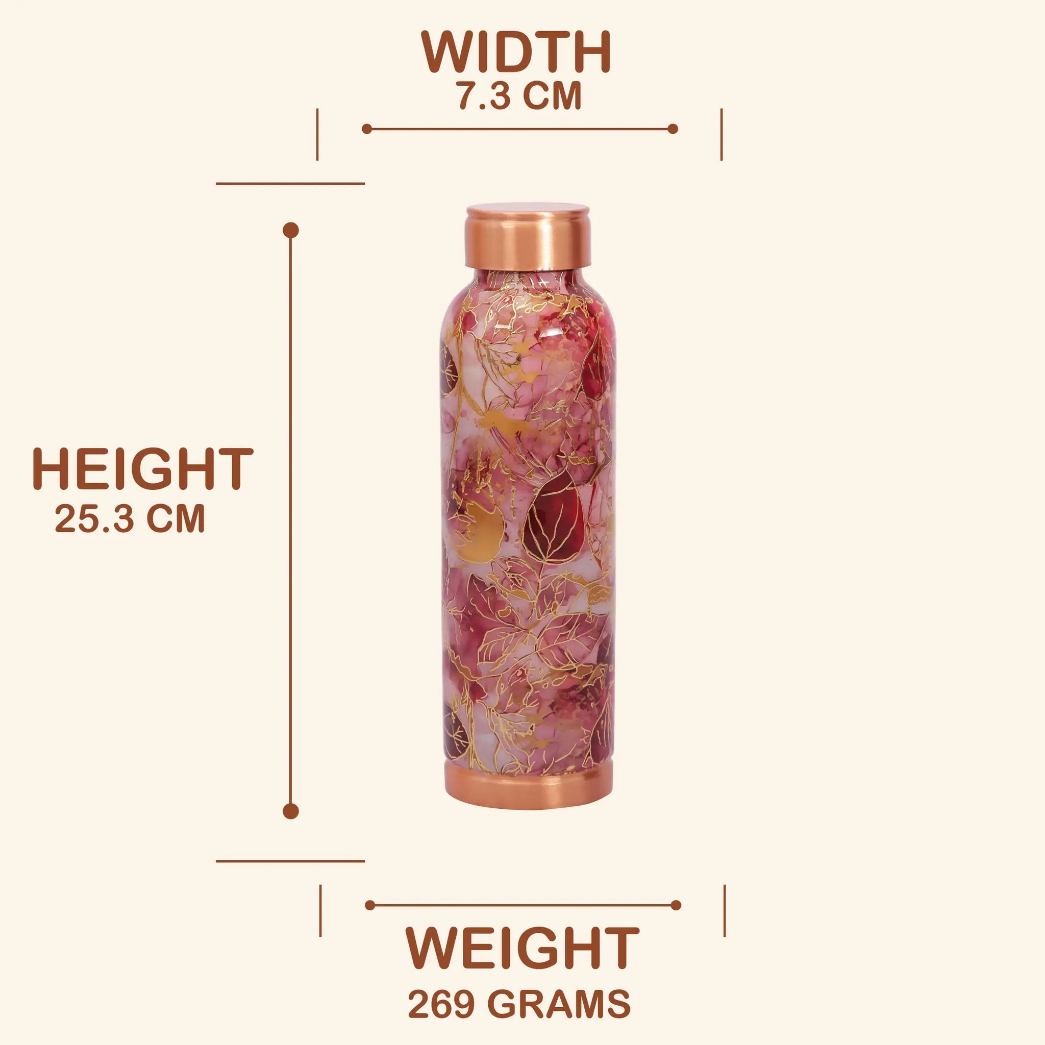Elegant Maroon & Gold Leaf Print Copper Bottle, 900 ml