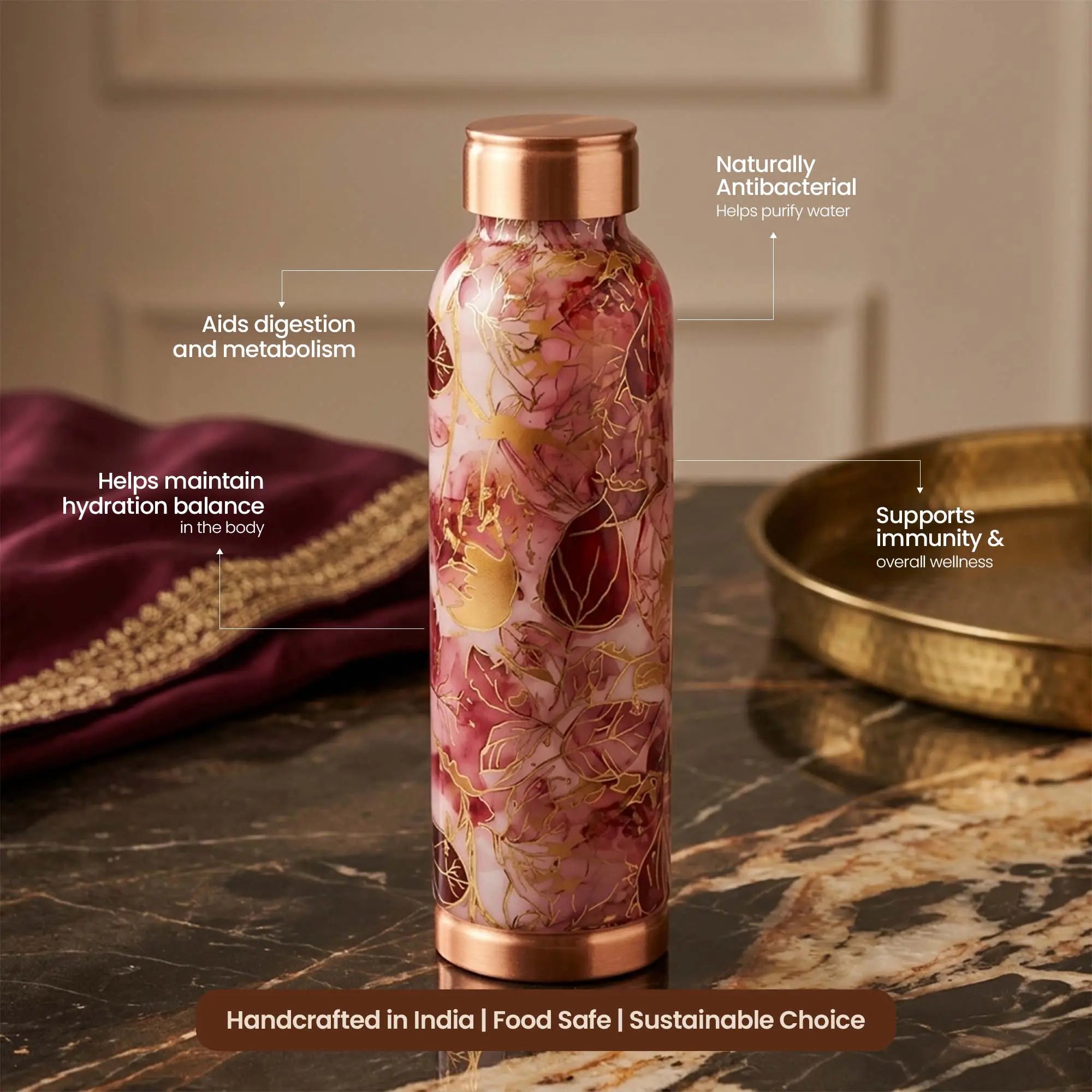 Maroon & Gold Leaf Copper Bottle